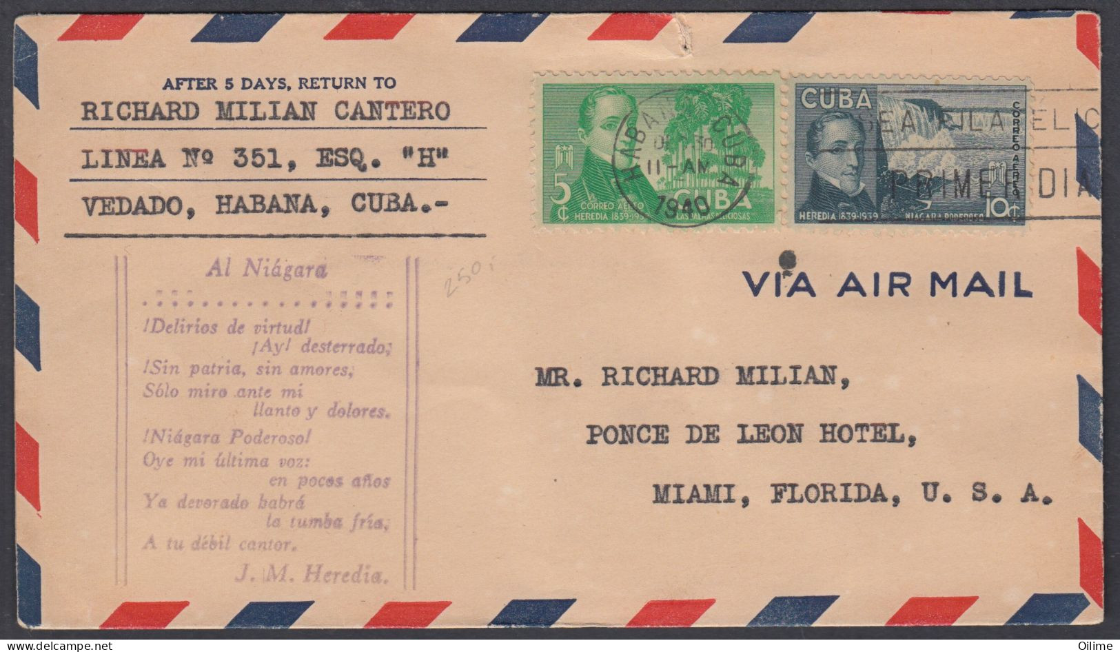 FDC CUBA 1940. CENTENARIO DE LA MUERTE DE JOSÉ M. HEREDIA. - FDC