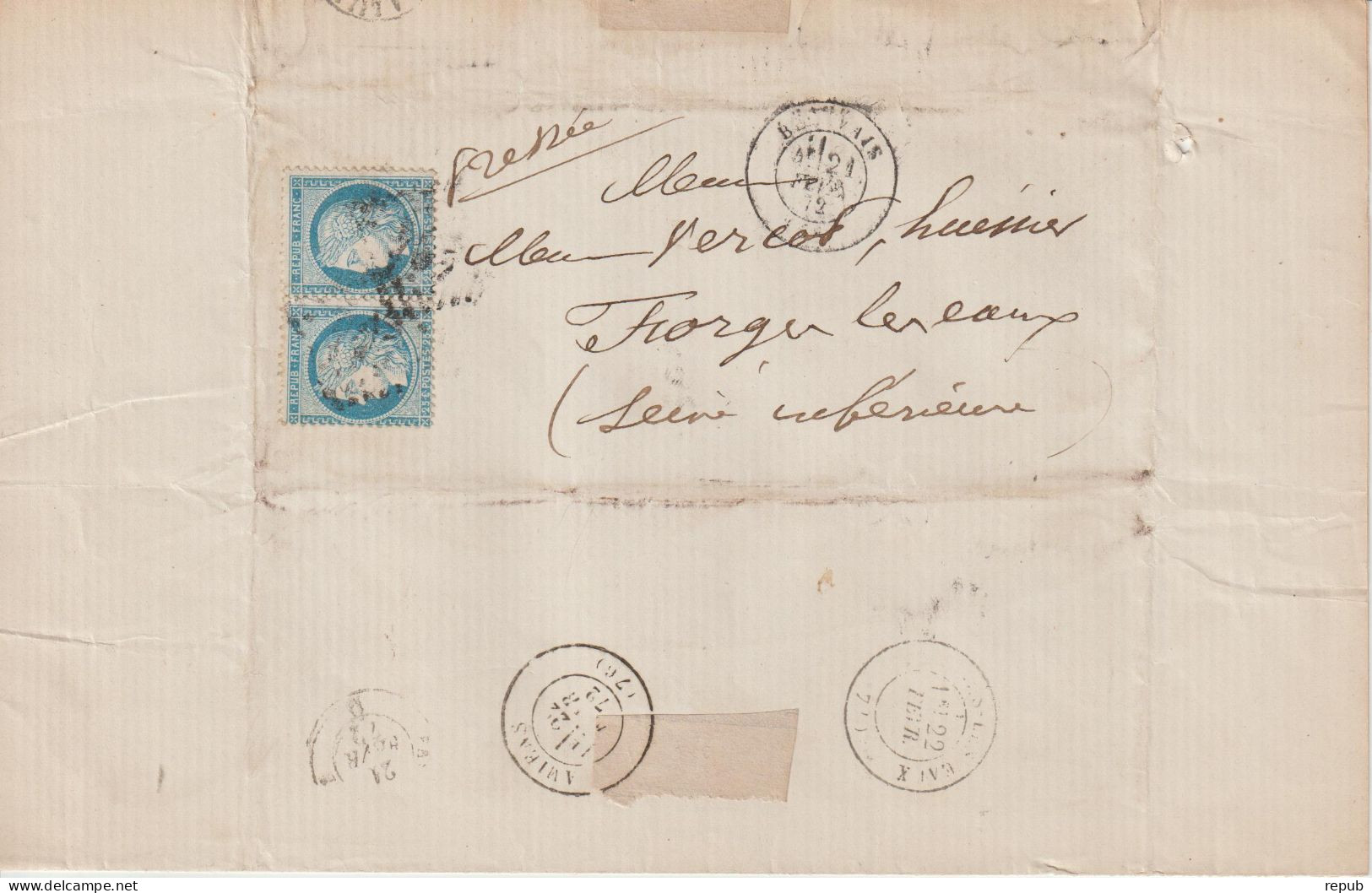 France Lettre 1872 De Beauvais GC404 (Oise)  Pour Forges (76) Paire N°60 - 1849-1876: Période Classique