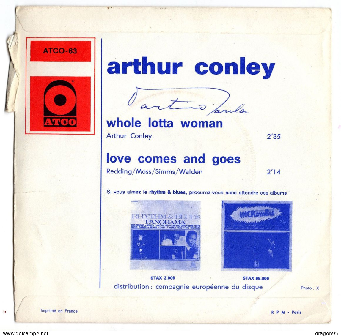 Arthur CONLEY : Whole Lotta Woman - ATCO 63 - Avec Languette - Soul - R&B