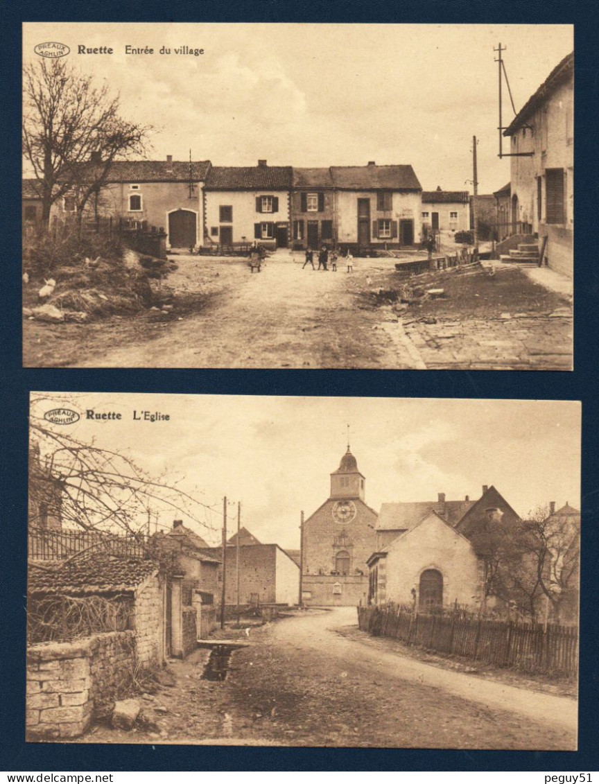 Ruette (Virton). Entrée Du Village. L'église Saint-Genest.  Avenue De La Gare. Rue Du Moulin. Lot De 4 Cartes - Virton