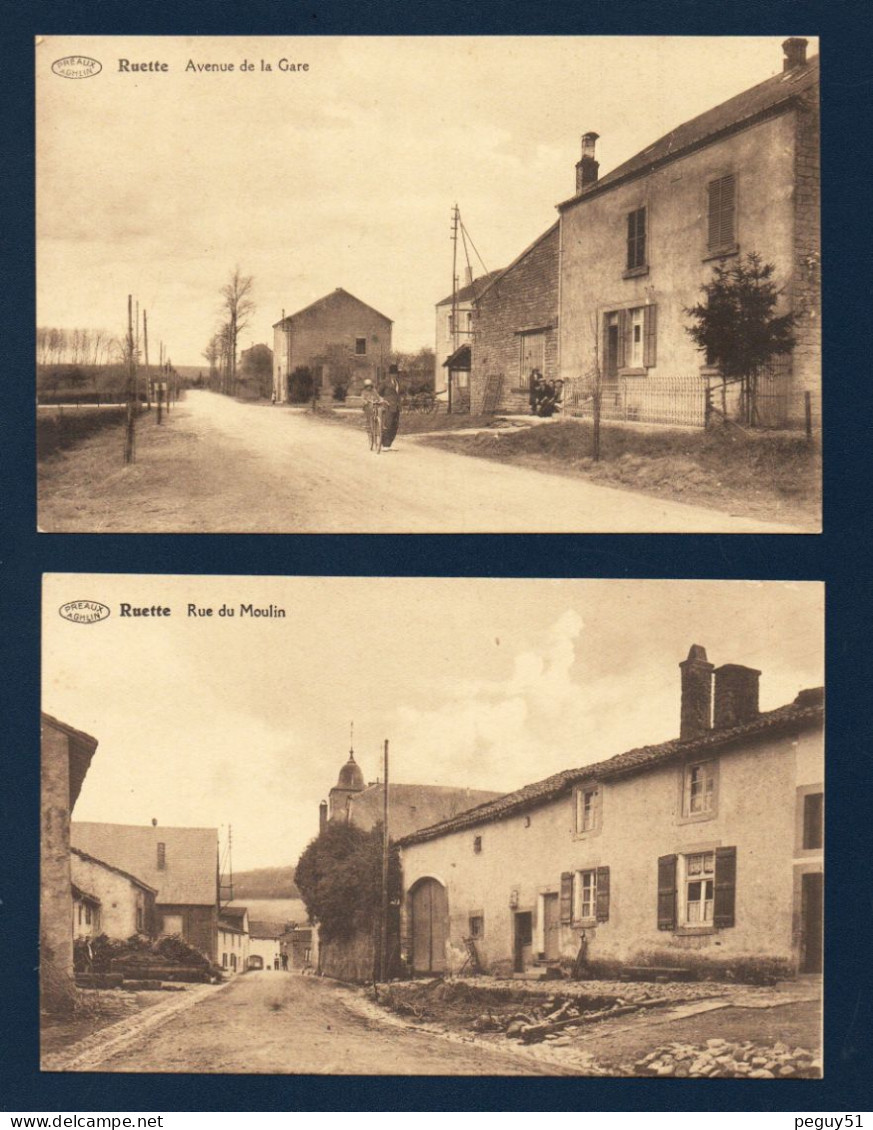 Ruette (Virton). Entrée Du Village. L'église Saint-Genest.  Avenue De La Gare. Rue Du Moulin. Lot De 4 Cartes - Virton