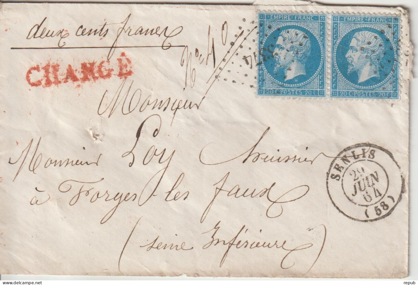 France Lettre Chargée 1864 De Senlis PC Du GC3374 (Oise)  Pour Forges (76) Avec Paire N°22 - 1849-1876: Klassik