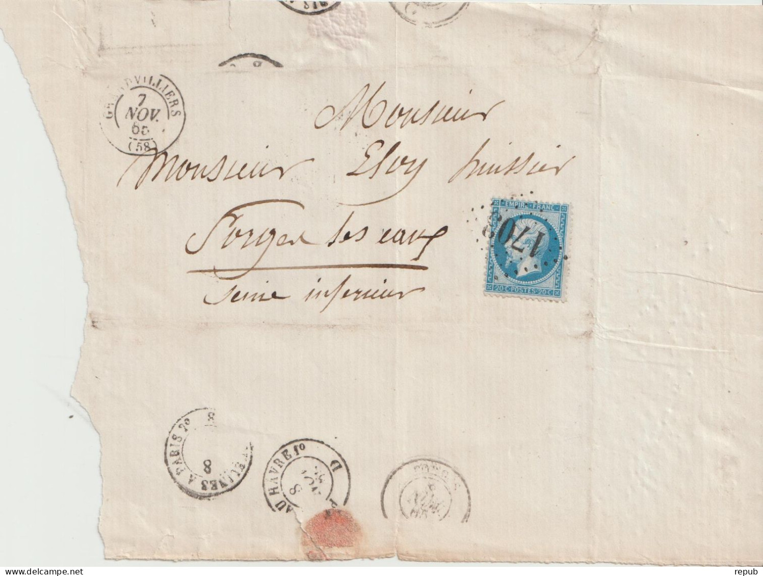 France Lettre 1865 De Grandvilliers GC1703 (Oise)  Pour Forges (76) - 1849-1876: Période Classique