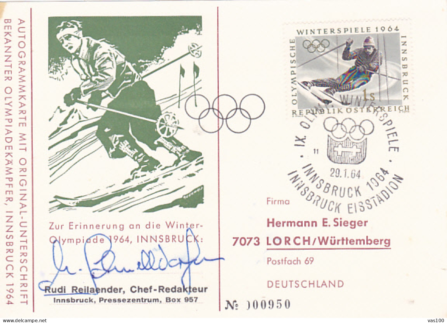 OLYMPIC GAMES, INNSBRUCK'64, WINTER, SKIING, PC STATIONERY, ENTIER POSTAL, 1964, AUSTRIA - Invierno 1964: Innsbruck