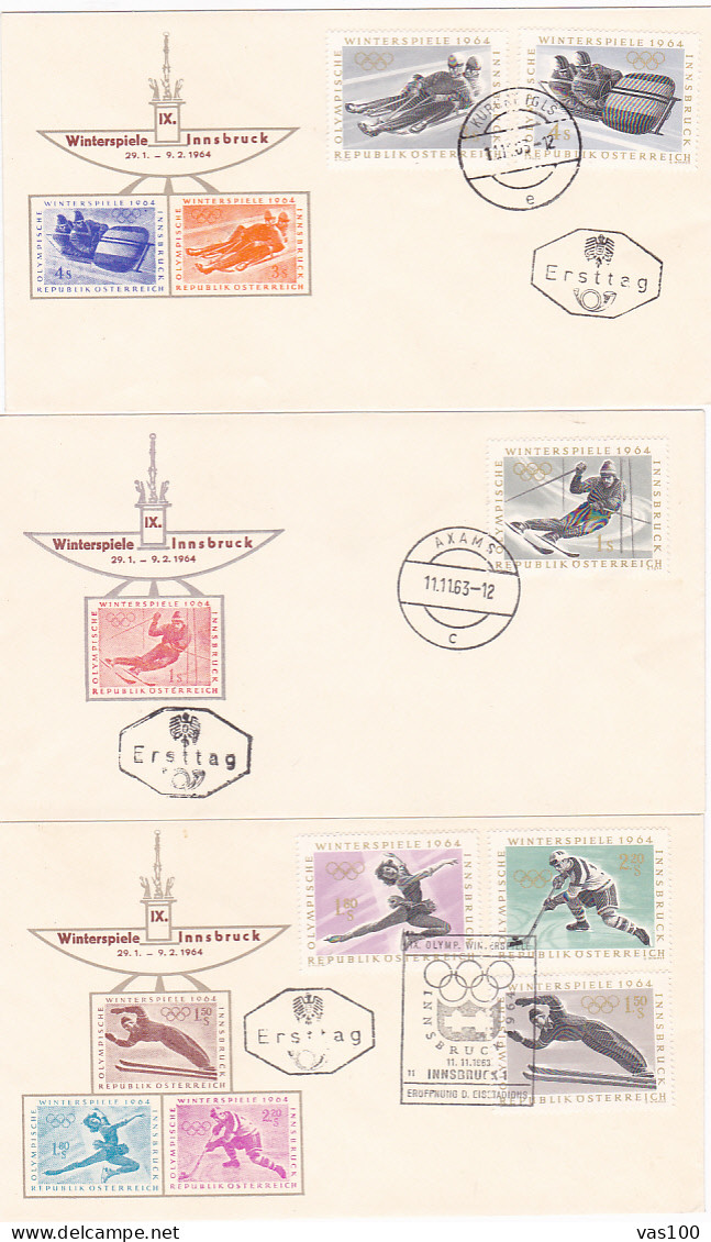 OLYMPIC GAMES, INNSBRUCK'64, WINTER, SLEDING, ICE HOCKEY, FIGURE SKATING, SKIING, COVER FDC, 3X, 1964, AUSTRIA - Hiver 1964: Innsbruck