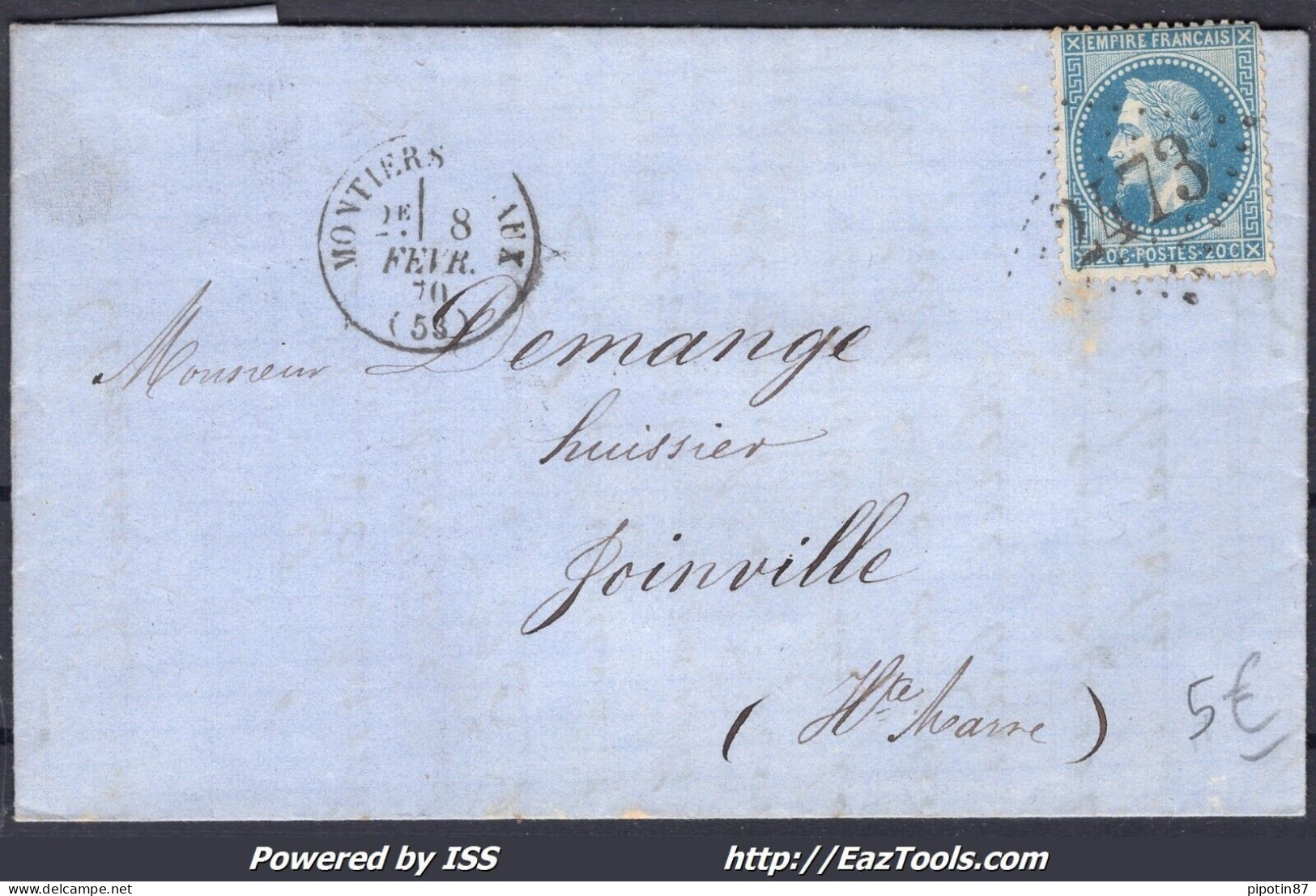 FRANCE N°29B SUR LETTRE GC 2473 MONTIER SUR SAULX MEUSE + CAD DU 08/02/1870 - 1863-1870 Napoleon III Gelauwerd