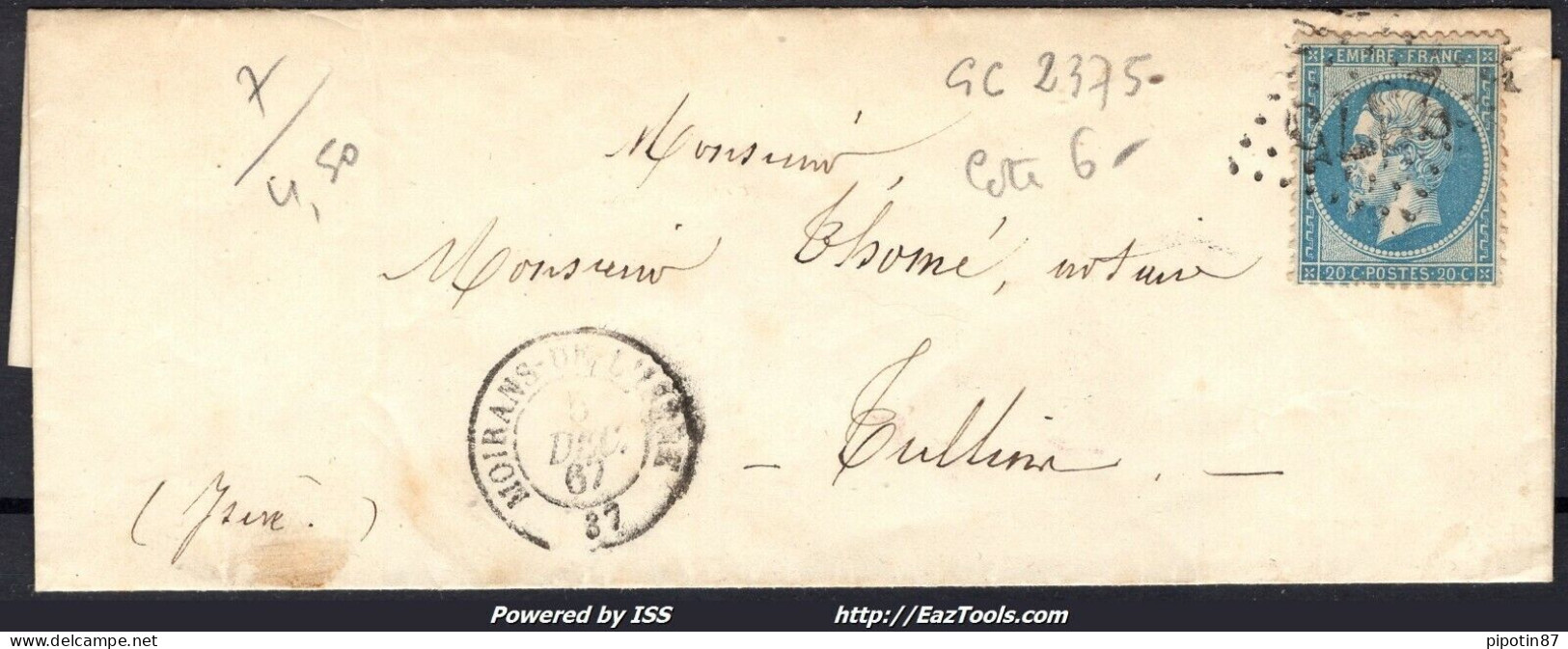 FRANCE N°22 SUR LETTRE GC 2375 MOIRANS DE L'ISERE ISERE + CAD DU 05/12/1867 - 1862 Napoléon III