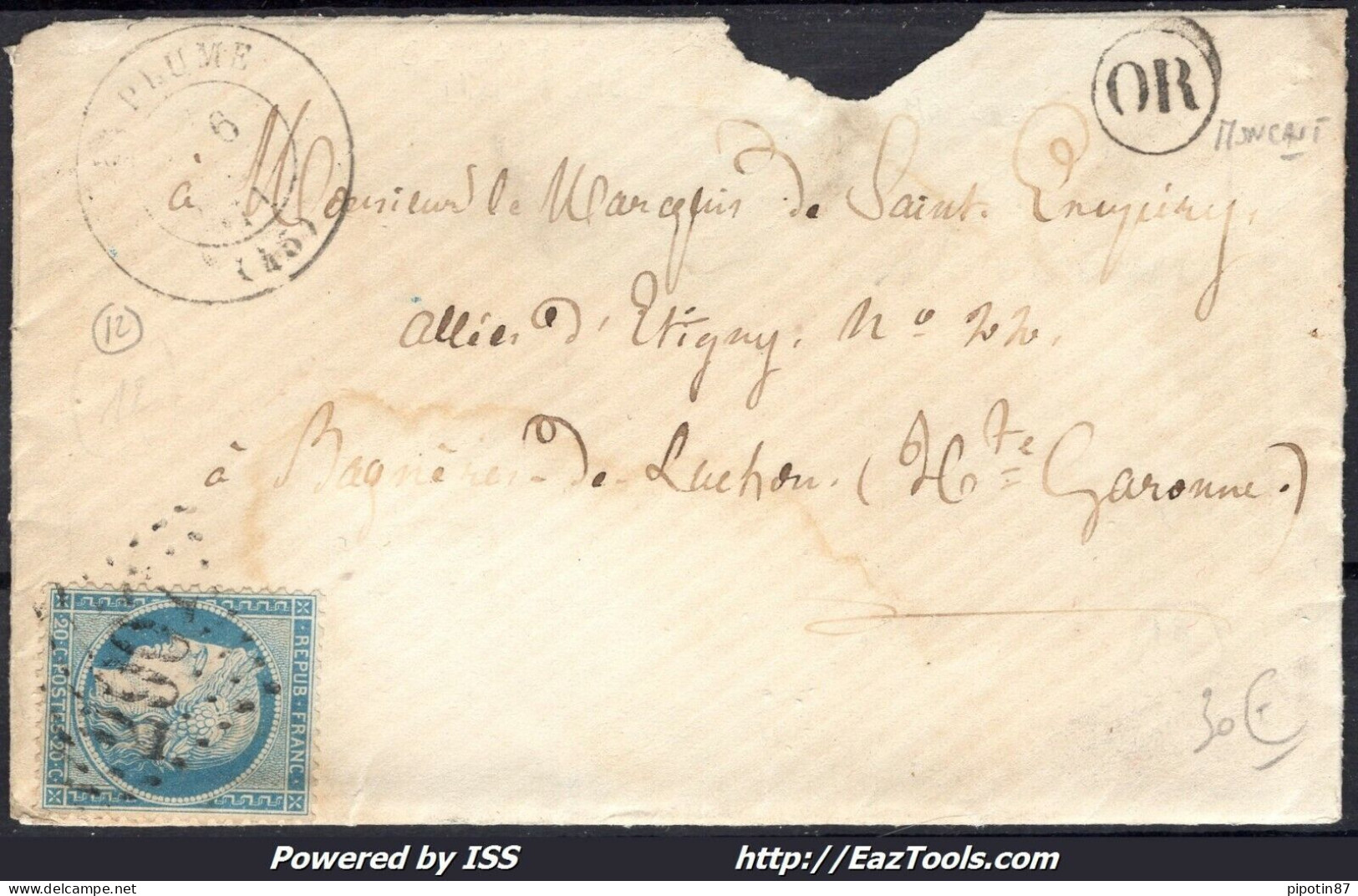 FRANCE N°60A SUR LETTRE POUR BAGNERES DE LUCHON GC 2907 + CAD LA PLUME A VOIR - 1871-1875 Ceres