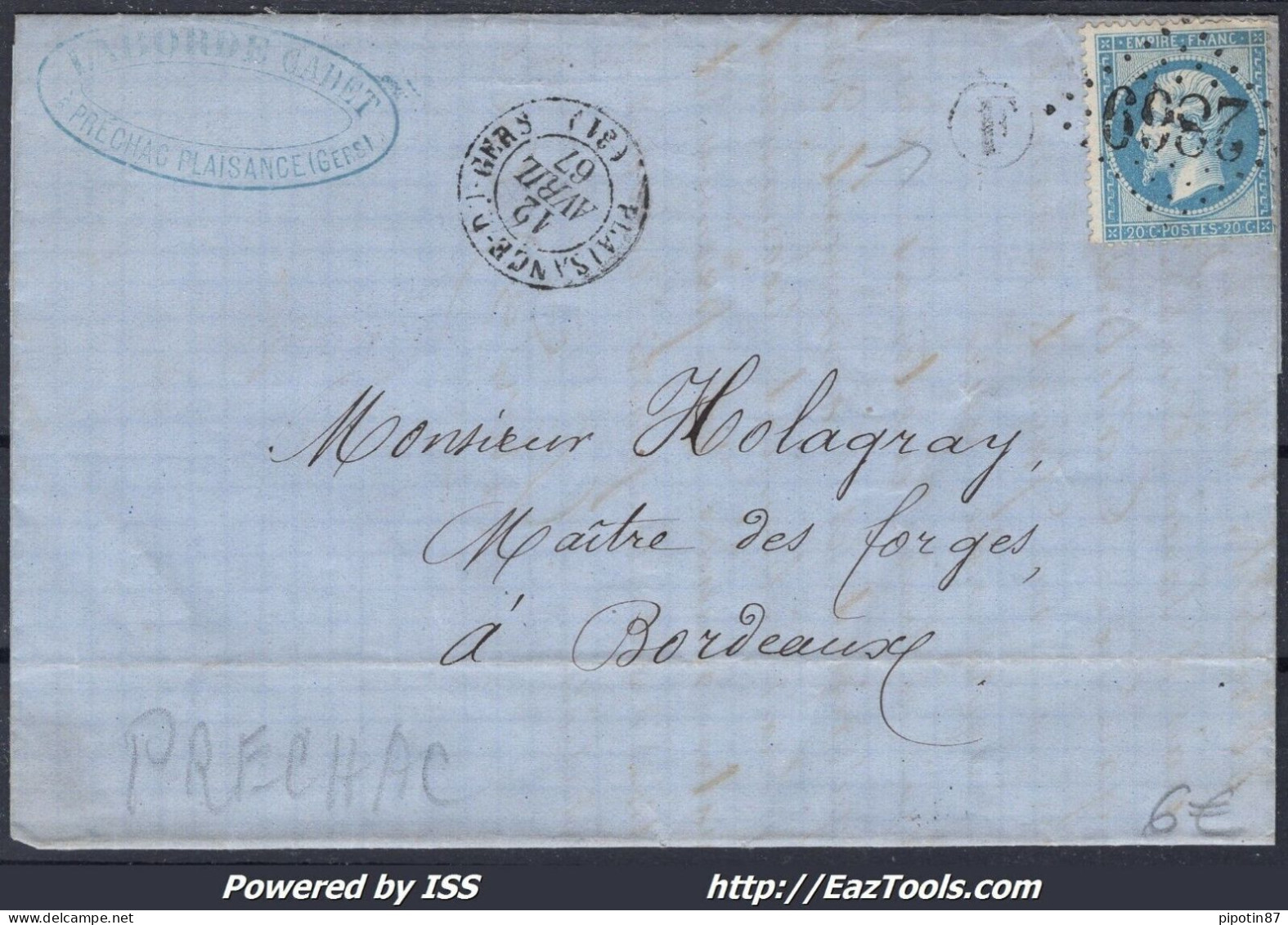 FRANCE EMPIRE N°22 SUR LETTRE GC 2869 PLAISANCE DU GERS GERS + CAD DU 12/04/1867 - 1862 Napoléon III