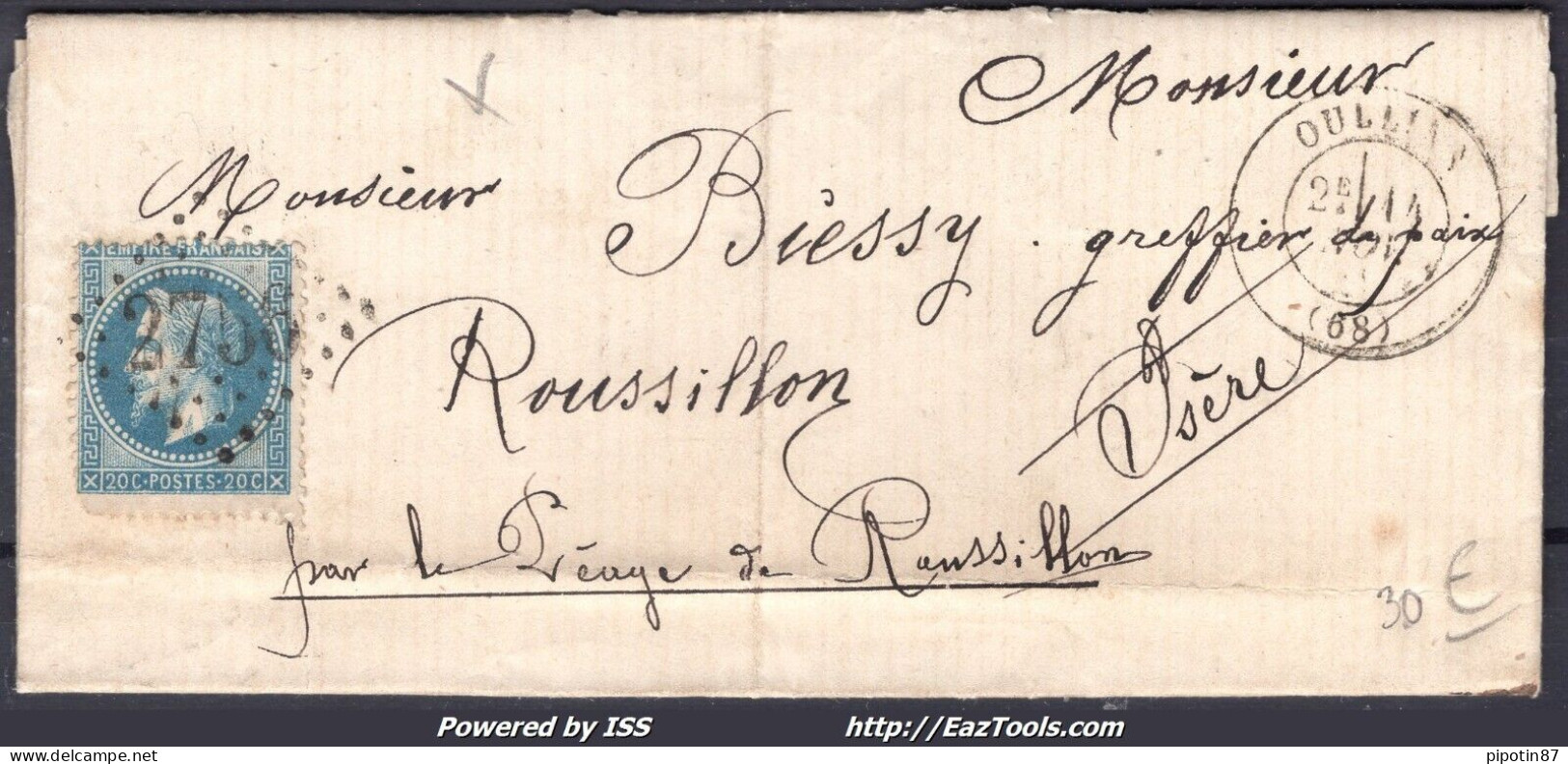 FRANCE N°29B SUR LETTRE GC 2756 OULLINS RHONE + CAD DU 14/11/1869 - 1863-1870 Napoleon III With Laurels