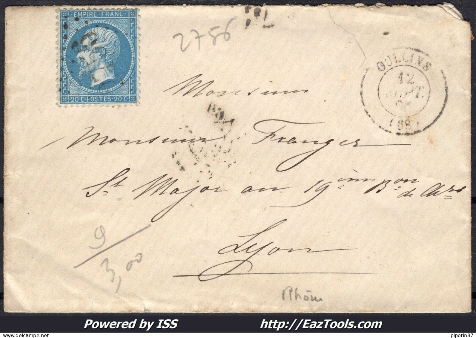 FRANCE N°22 SUR LETTRE POUR LYON GC 2756 OULLINS RHONE + CAD DU 12/09/1866 - 1862 Napoléon III