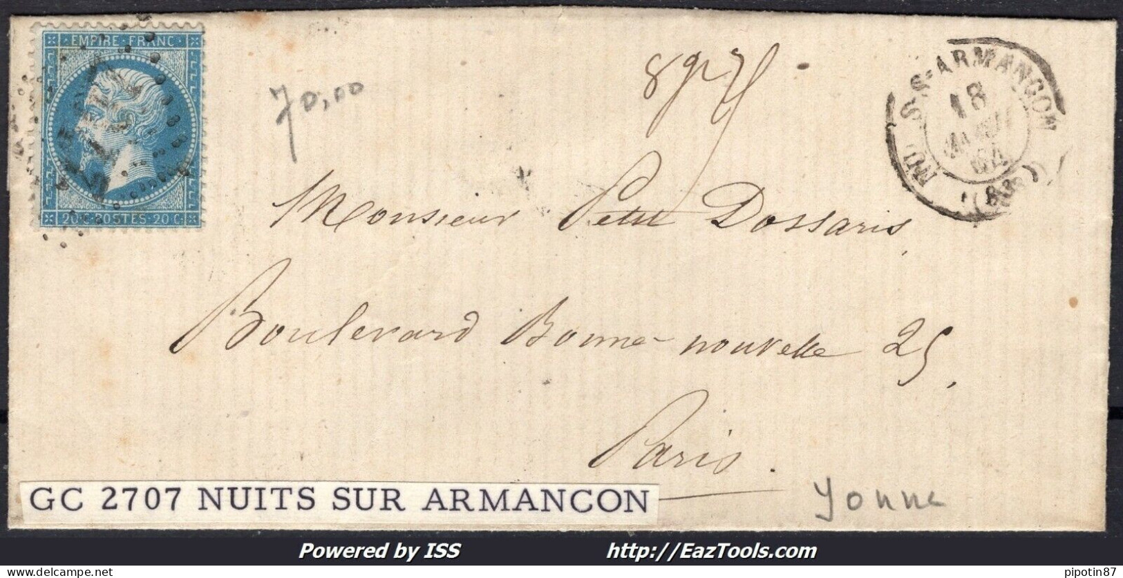 FRANCE N°22 SUR LETTRE GC 2707 NUITS SUR ARMANCON YONNE + CAD DU 18/04/1864 - 1862 Napoléon III.