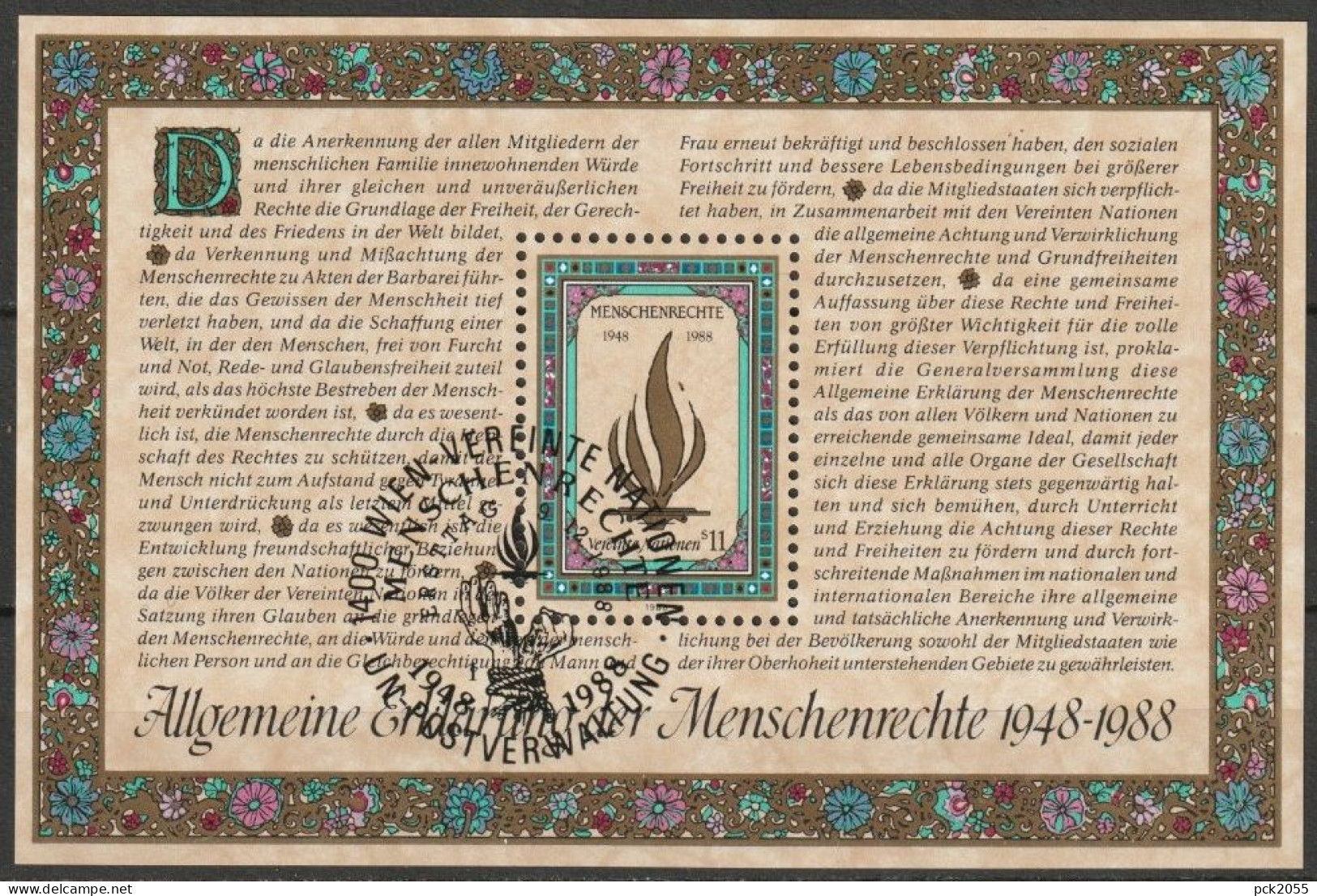 UNO Wien 1988 MiNr.88 Block 4 Gest. 40.Jahrestag Erklärung Der Menschenrechte ( D 6764) Versand 1,00€ - 1,20€ - Gebruikt