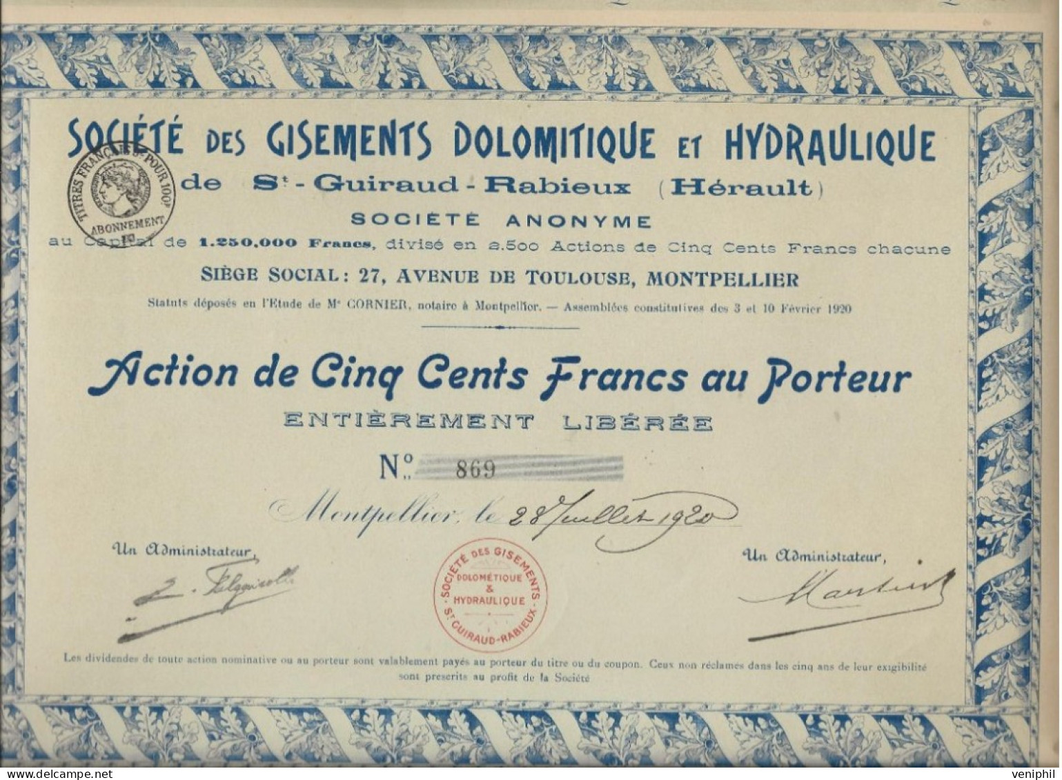 SOCIETE DES GISEMENTS DOLOMITIQUE ET HYDRAULIQUE DE ST GUIRAUD-RABIEUX -HERAULT - ACTION DE CINQ CENT FRANCS -ANNEE 1920 - Agua