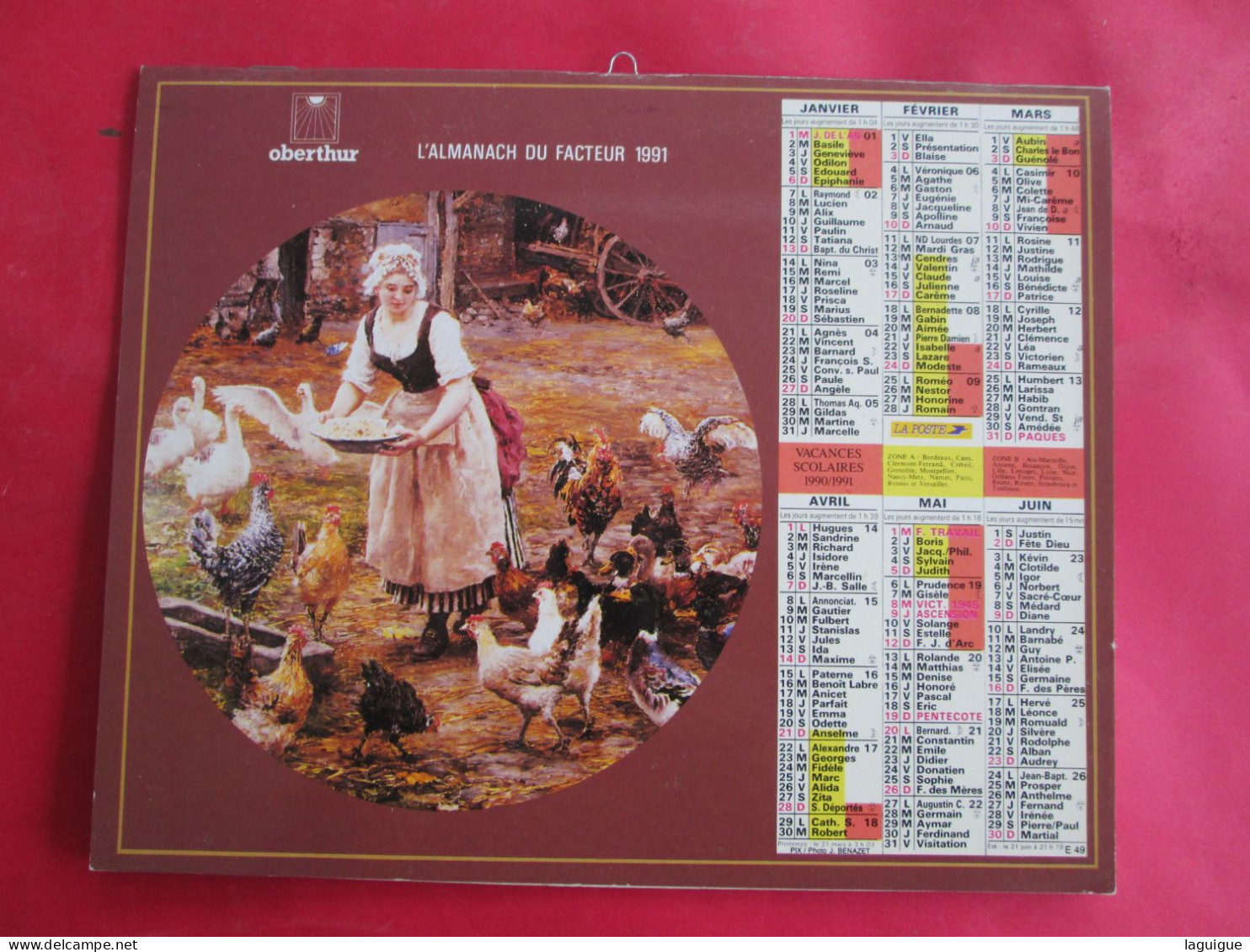 CALENDRIER ALMANACH 1991 OBERTHUR FEMME DONNE AUX POULES ENFANT AVEC LAPINS - Grand Format : 1981-90