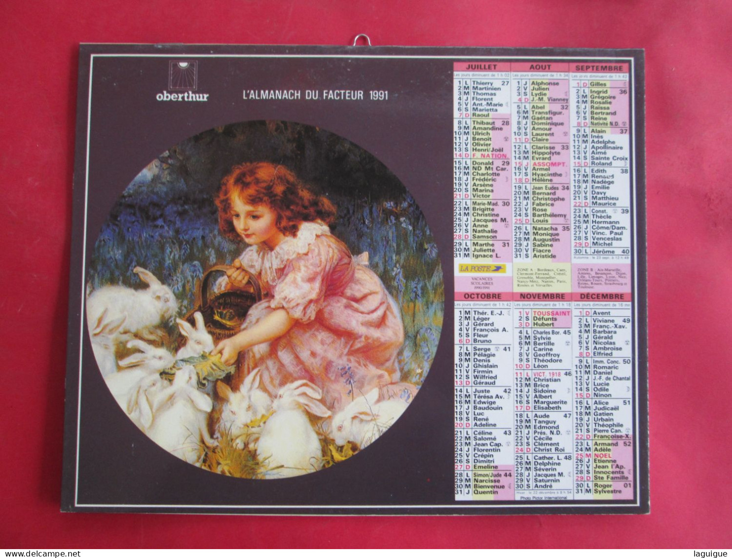 CALENDRIER ALMANACH 1991 OBERTHUR FEMME DONNE AUX POULES ENFANT AVEC LAPINS - Big : 1981-90