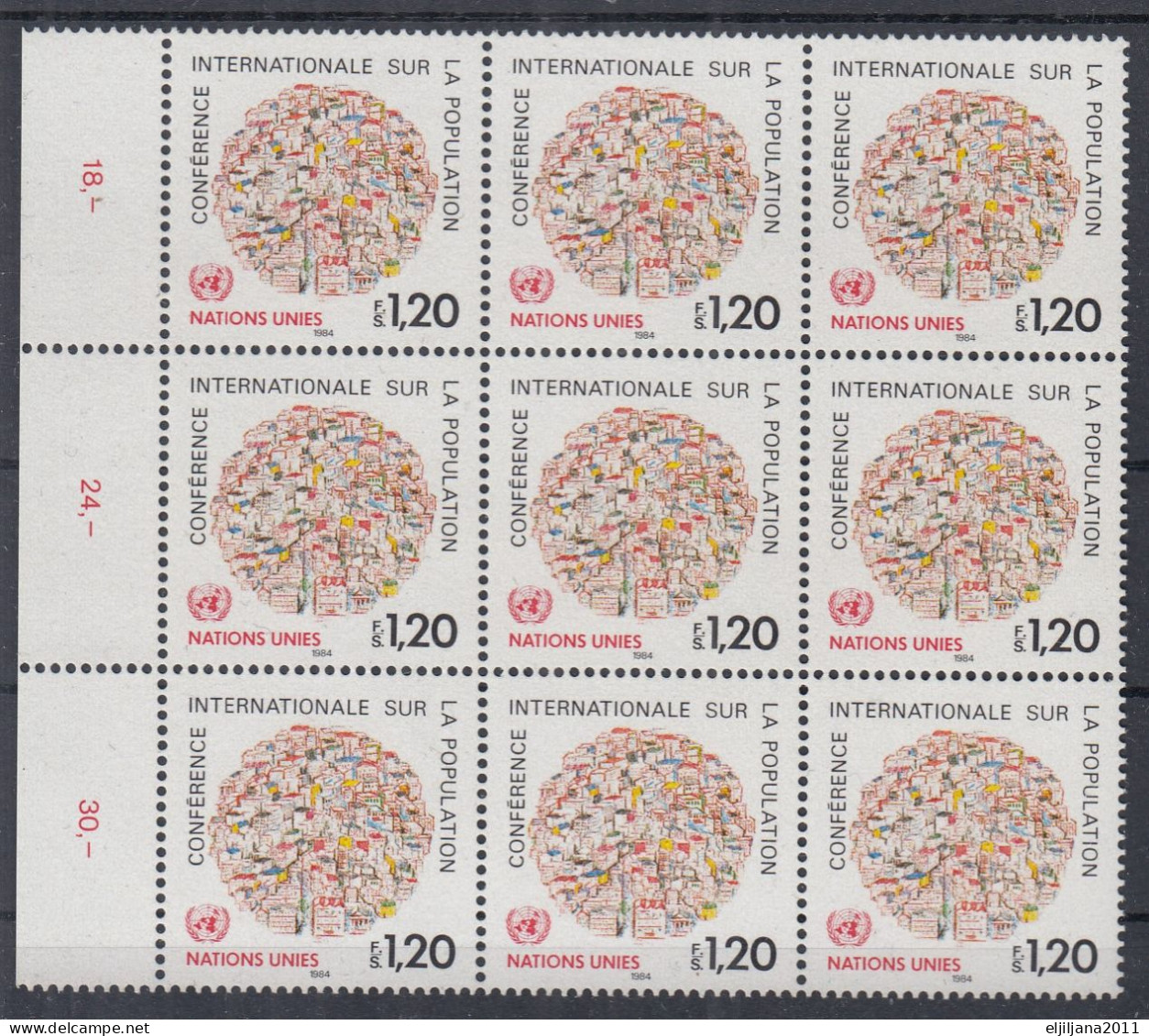 Action !! SALE !! 50 % OFF !! ⁕ UN 1984 Geneva Genf ⁕ Int. Population Conference Mi.119 ⁕ MNH Block Of 9 - Neufs