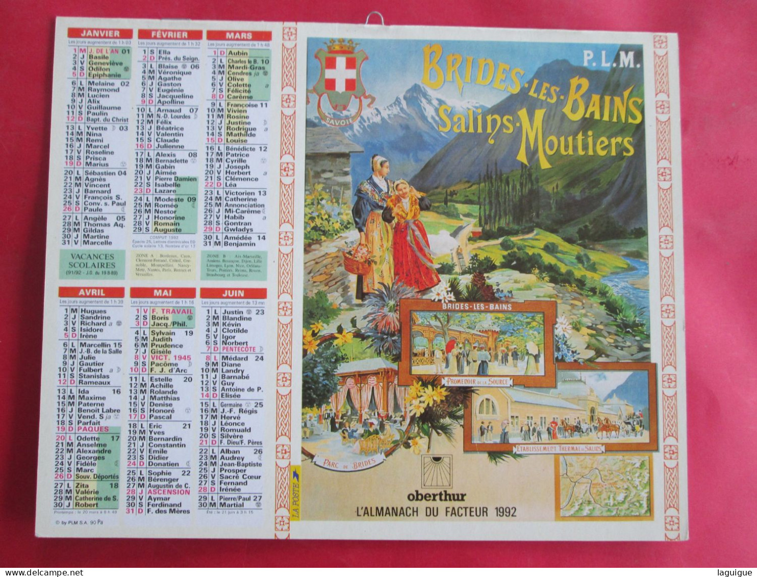 CALENDRIER ALMANACH 1992 OBERTHUR BRIDES LES BAINS SALINS-MOUTIERS CHEMIN DE FER DE L'ETAT LA NORMANDIE PITTORESQUE - Tamaño Grande : 1991-00