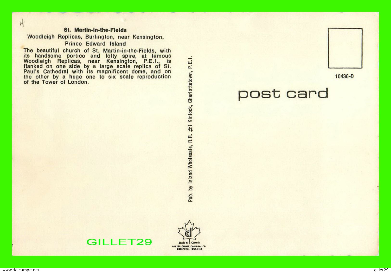 BURLINGTON, P.E.I. - ST MARTIN-IN-THE-FILEDS - WOODLEIGH REPLICAS NEAR KENSINGTON - ISLAND WHOLESALE - - Andere & Zonder Classificatie