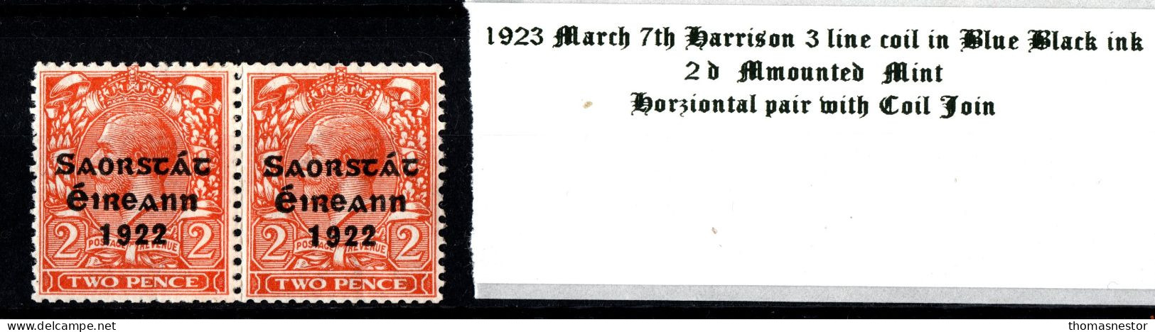 1923 March 7th Harrison 3 Line Coil In Blue Black Ink, 2d Die II Orange Horziontal Pair With Coil Join Mounted Mint (MM) - Ongebruikt