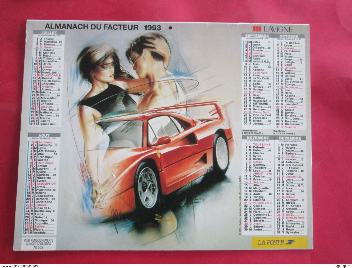 CALENDRIER ALMANACH 1993 LAVIGNE COUPLE FERRARI FEMME AU CHAPEAU - Formato Grande : 1991-00