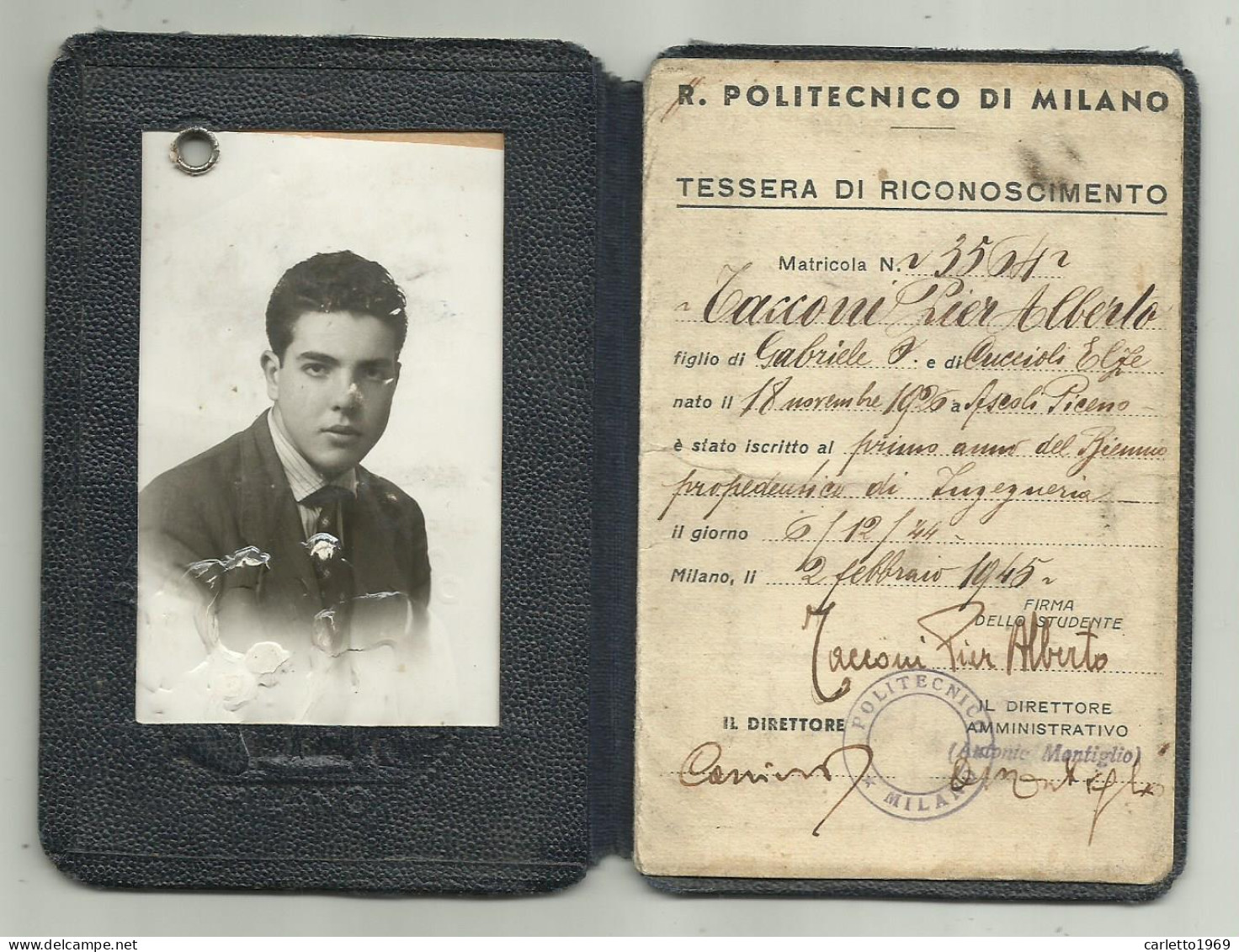 TESSERA DI RICONOSCIMENTO - R. POLITECNICO DI MILANO 1944 BIENNIO PROPEDEUTICO DI INGEGNERIA  - Unclassified