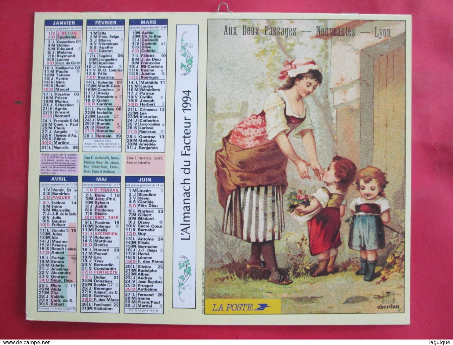 CALENDRIER ALMANACH 1994 OBERTHUR  AFFICHES  ANCIENNES AUX DEUX PASSAGES NOUVEAUTES LYON MAISON DE LA BELLE JARDINIERE - Grand Format : 1991-00