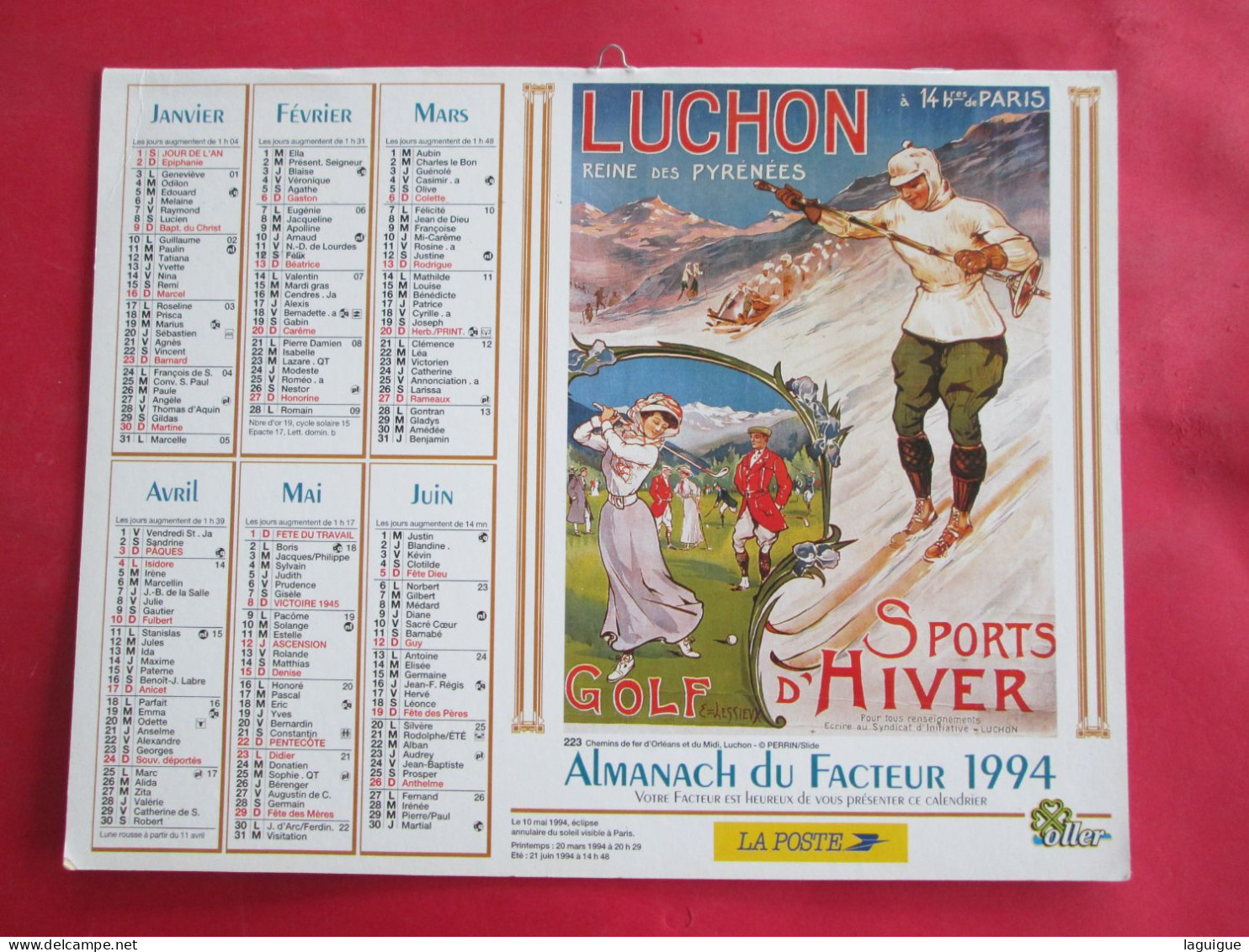 CALENDRIER ALMANACH 1994 OLLER  AFFICHES  ANCIENNES WIMEREUX LUCHON - Grossformat : 1991-00