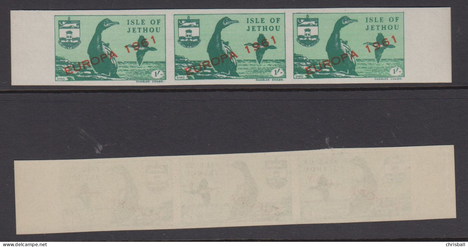 Jethou - Guernsey Strip 3 1/- Europa 1961 IMPERF. Thin Newsprint Type Paper - Guernesey