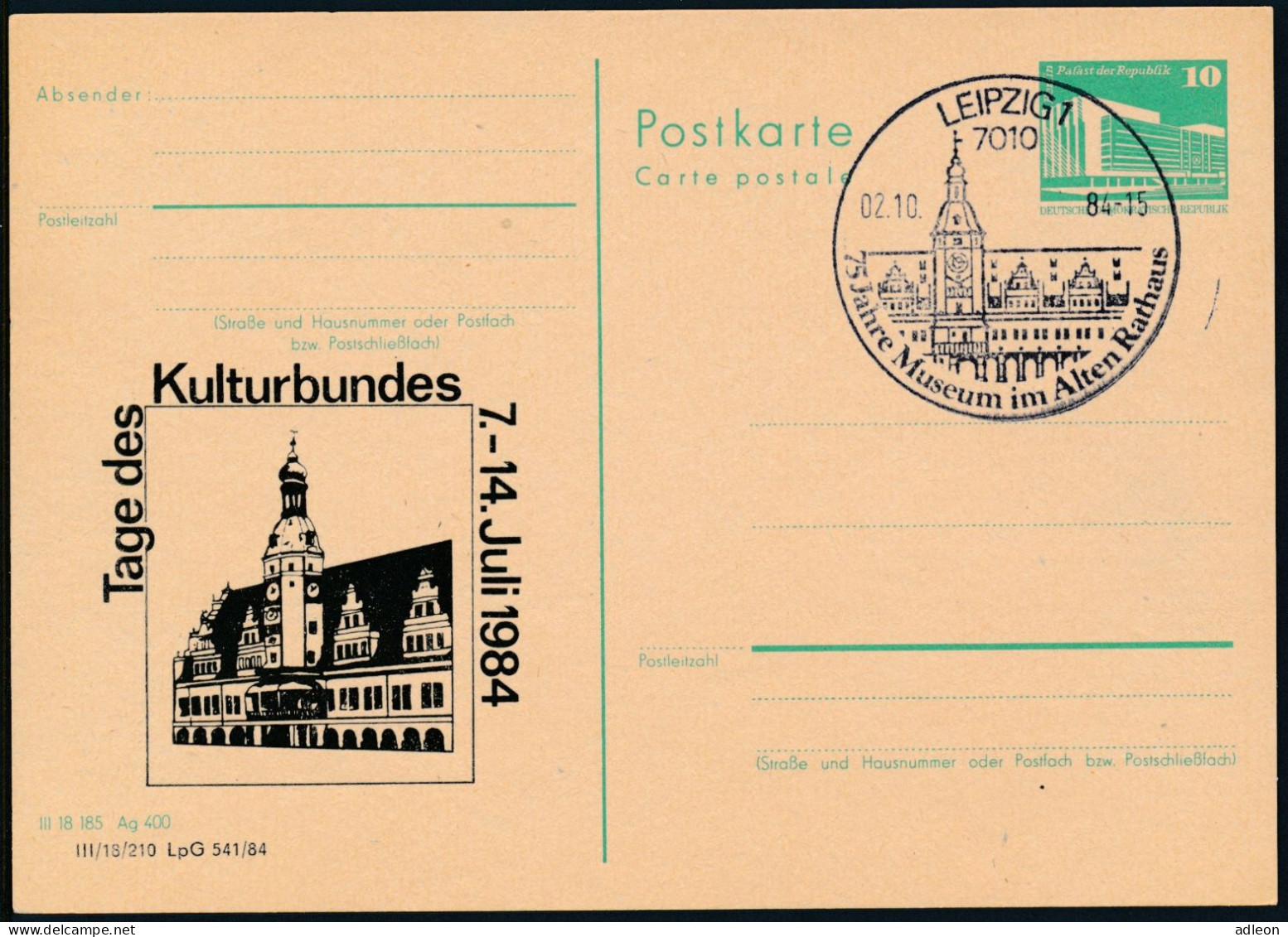 RDA - Entier Postal Repiqué / DDR - Ganzsachen P84 Zudrück SSt Leipzig 2-10-1984 - Cartes Postales Privées - Oblitérées