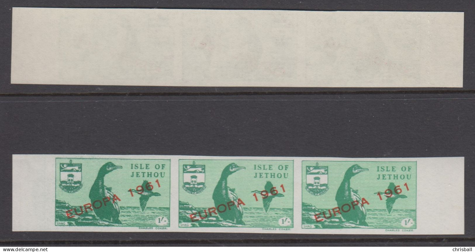 Jethou - Guernsey Strip 3 1/- Europa 1961 IMPERF. Thin White Paper - Guernesey