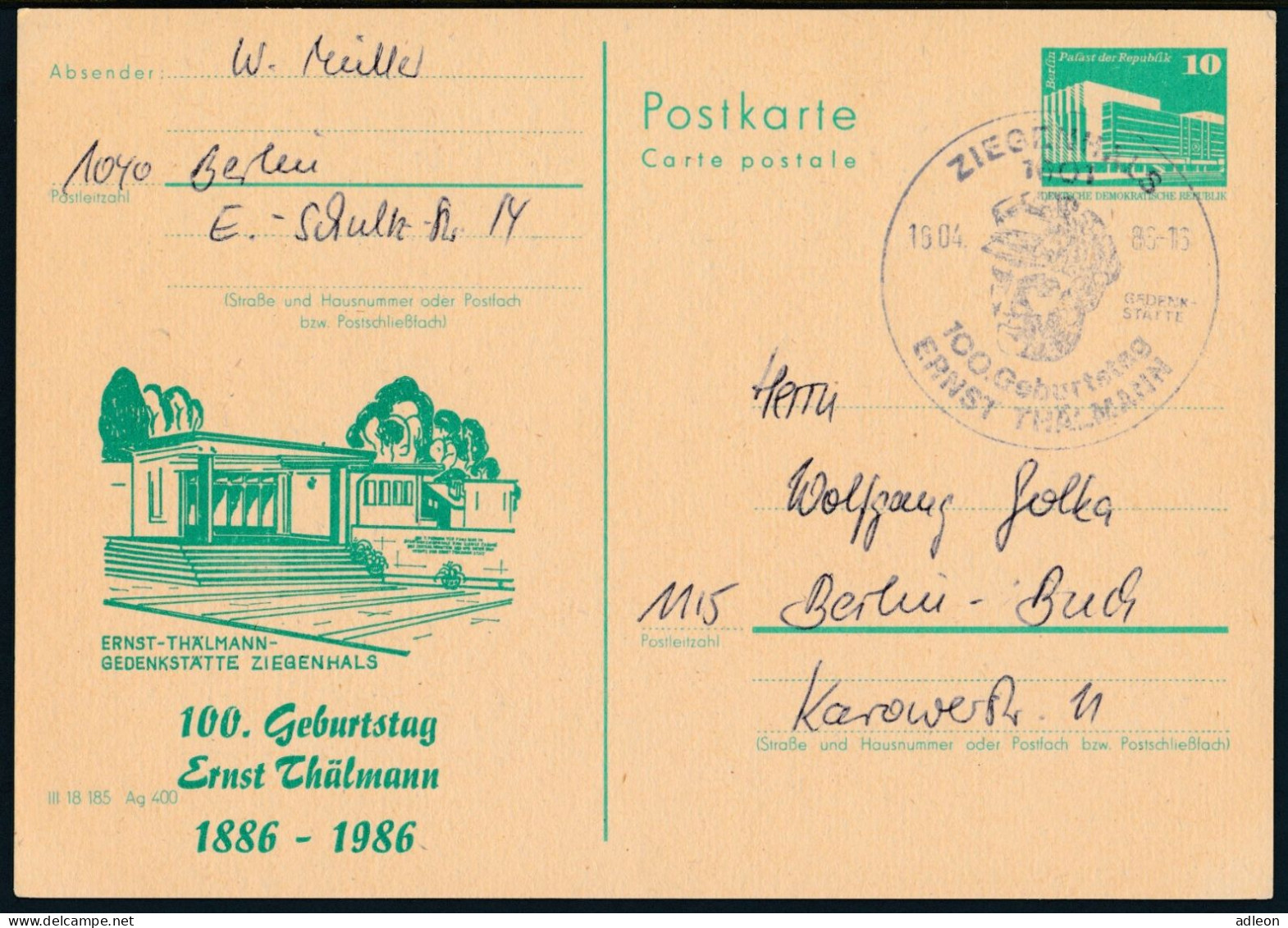 RDA - Entier Postal Repiqué / DDR - Ganzsachen P84 Zudrück SSt Ziegenwald 16-4-1986 Nach Berlin - Privé Postkaarten - Gebruikt