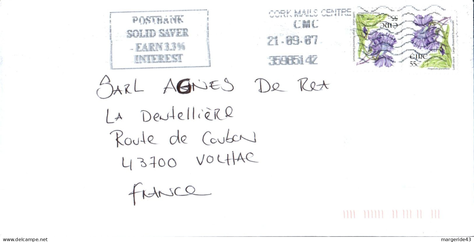 IRLANDE AFFRANCHISSEMENT COMPOSE SUR LETTRE POUR LA FRANCE 2007 - Brieven En Documenten