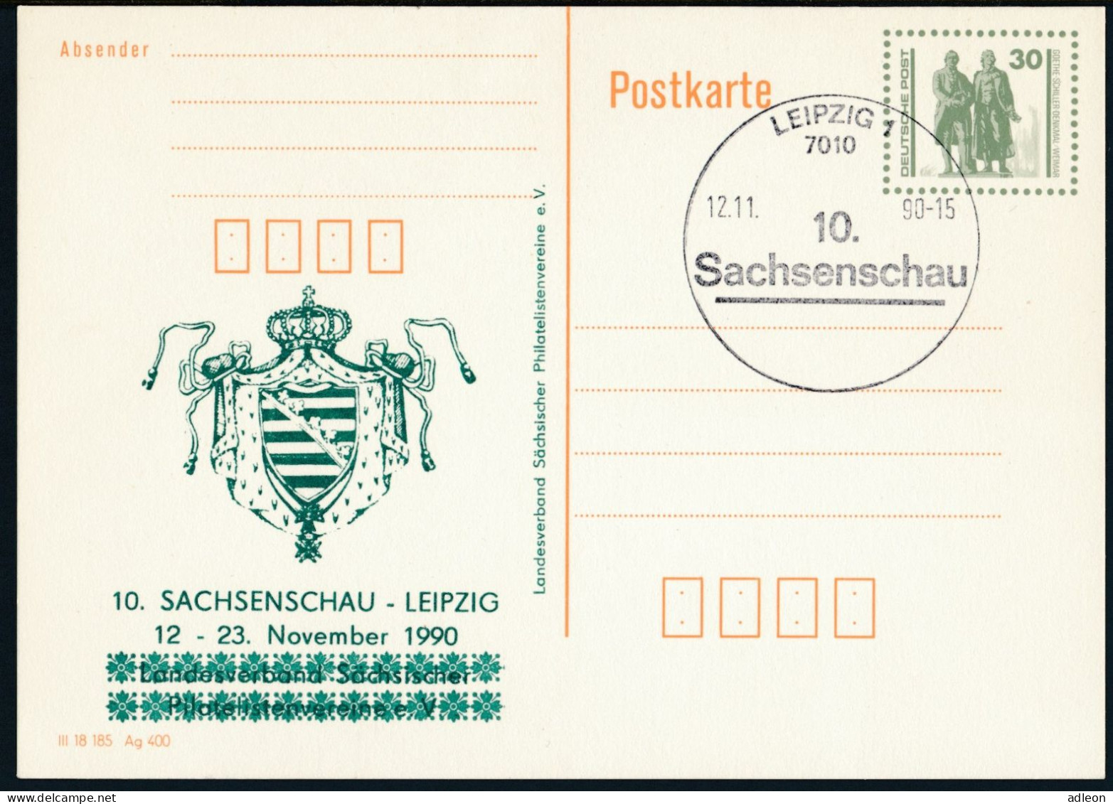 RDA - Entier Postal Repiqué / DDR - Ganzsachen Zudrück P107 II - SSt Leipzig 12-11-90 - Cartes Postales Privées - Oblitérées