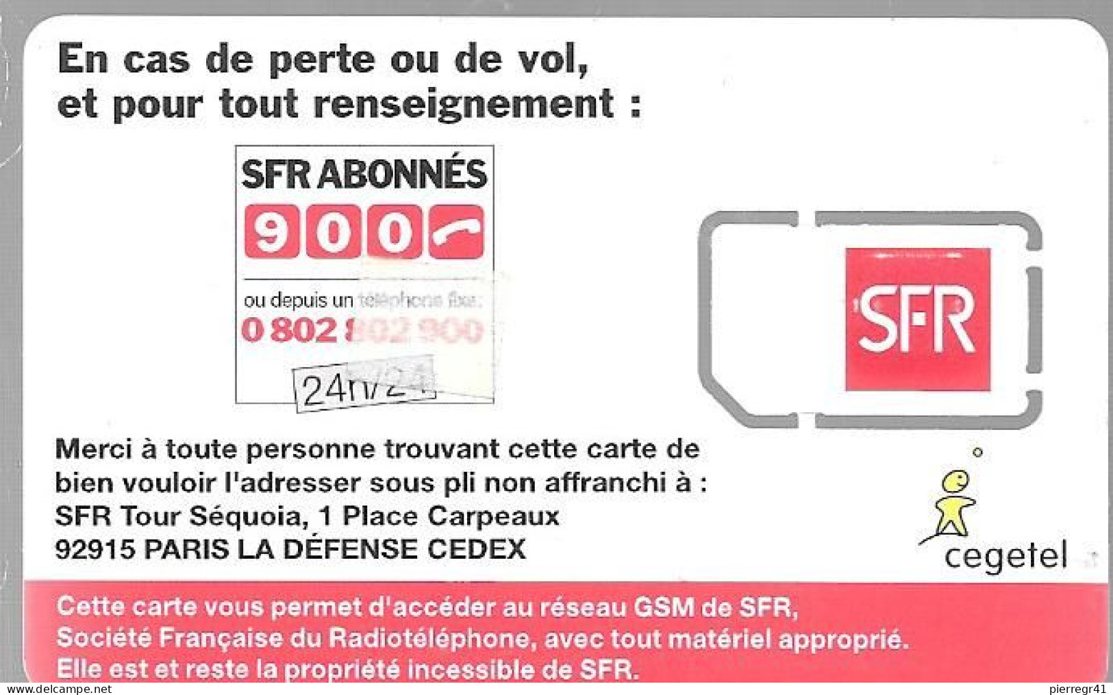 CARTE-GSM-SFR-PUCE J-SFR-SF6Ja-D2-VISUEL5-R° ENTREPRISEsV° Logo Cegetel- -GARANTIE ATTACHEE-TBE/RARE - Mobicartes (GSM/SIM)