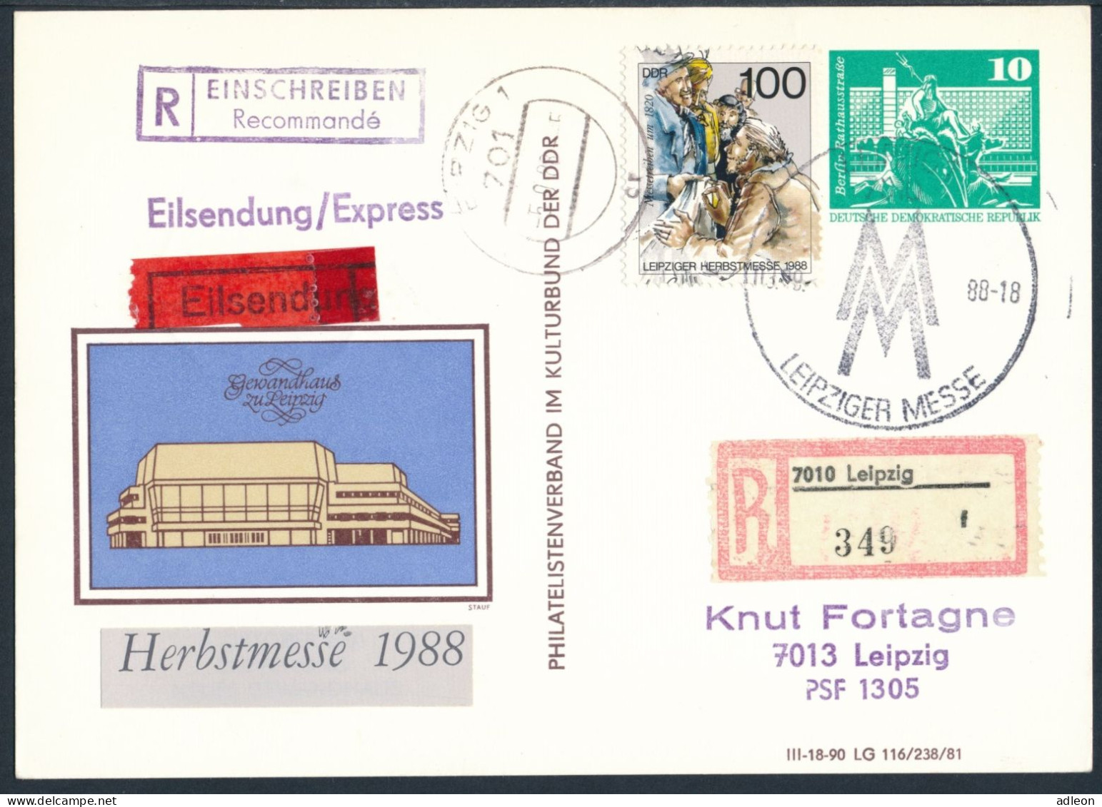 RDA - Entier Postal Privé / DDR - Privatganzsachen PP 16 D2/039 SSt Leipzig 3-9-1988 +Tagesstempel 5-9-1988 - Privé Postkaarten - Gebruikt