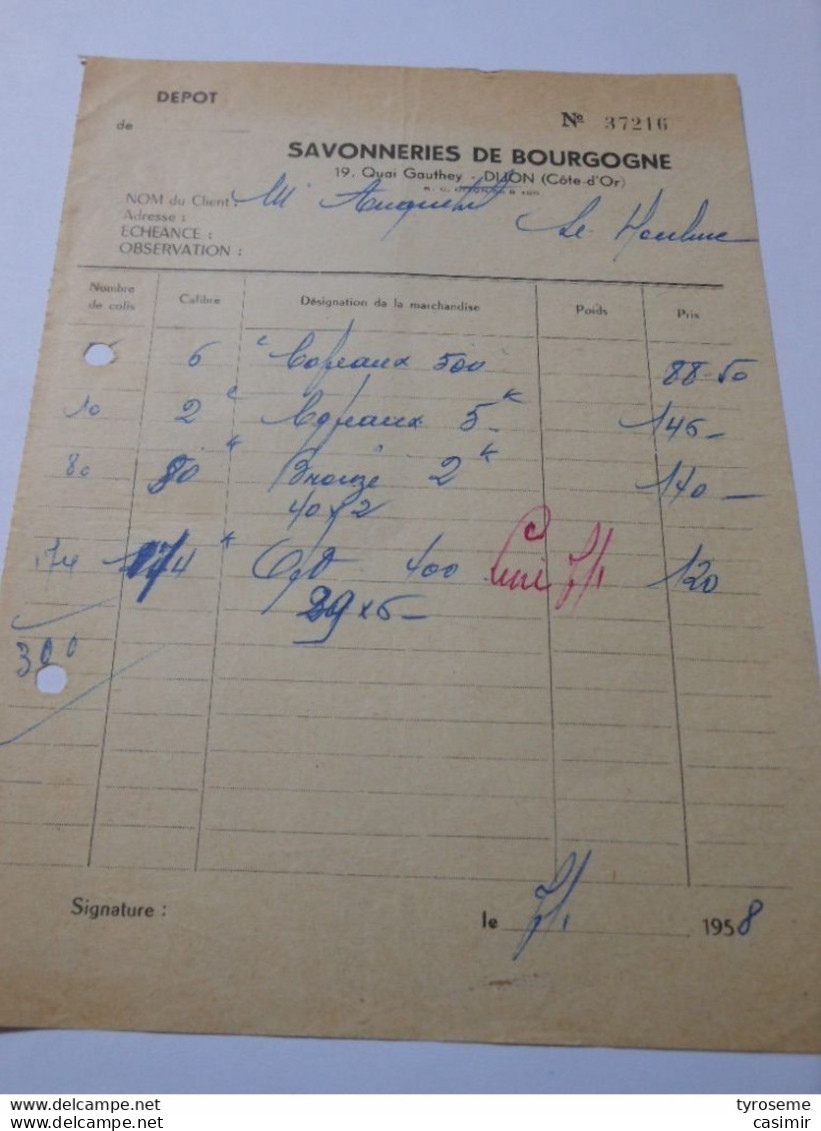 T698 / Facture SAVONNERIES DE BOURGOGNE - 19 Quai Gauthey à DIJON Côte D'Or - Invoices