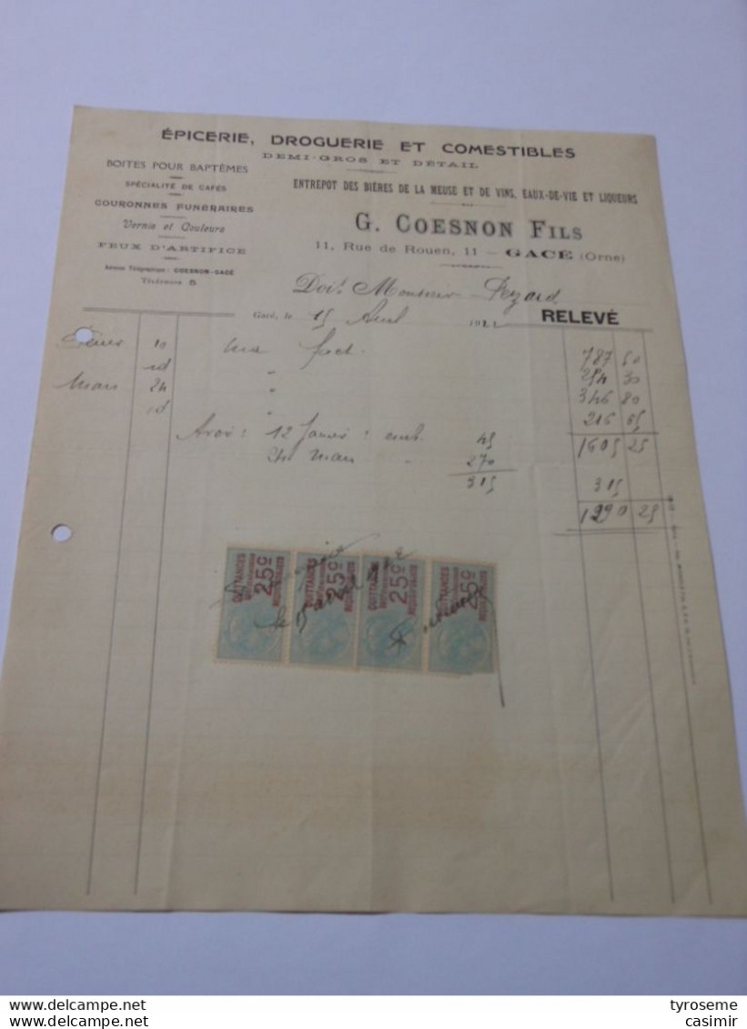 T625 / Facture G. COESNON Fils - Epicerie Droguerie Et Comestibles - GACÉ Orne - Invoices