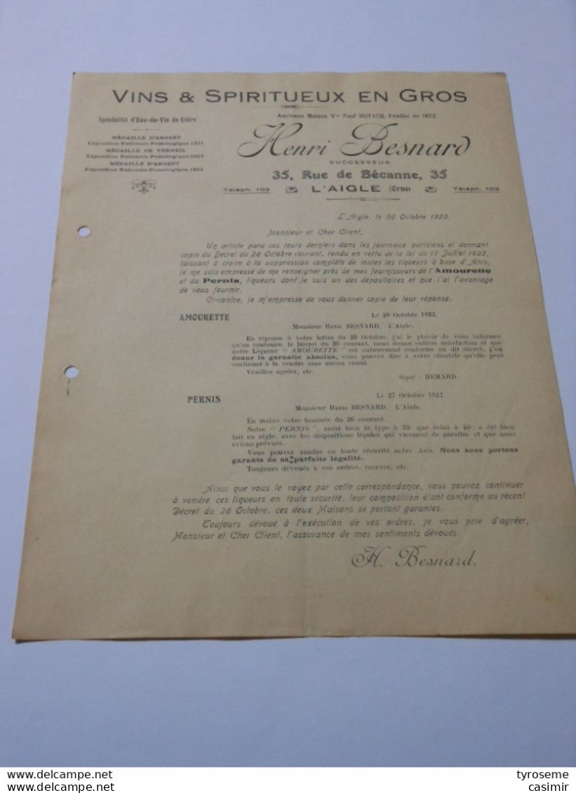 T623 / Facture HENRI BESNARD - 35 Rue De Bécanne à L'AIGLE Orne - Vins Et Spiritueux En Gros - Facturas