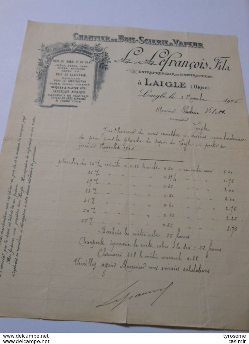 T637 / Facture LEFRANCOIS à LAIGLE Orne - Chantier De Bois - Scierie à Vapeur - Factures