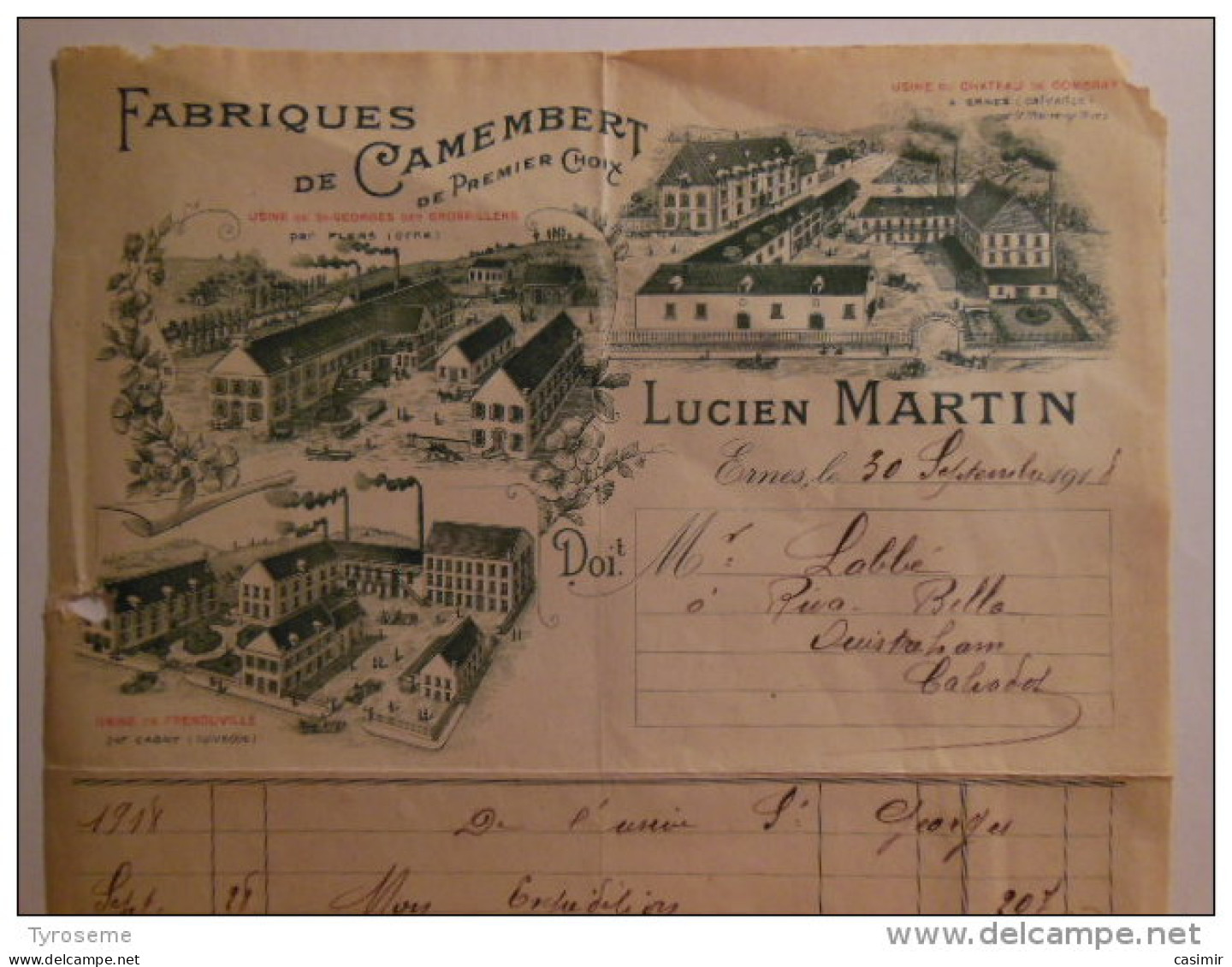 T220 / Facture Fromagerie LUCIEN MARTIN à ERNES Camembert - FRENOUVILLE - COMBRAY - ST GEORGES DES GROSEILLERS- Calvados - Invoices