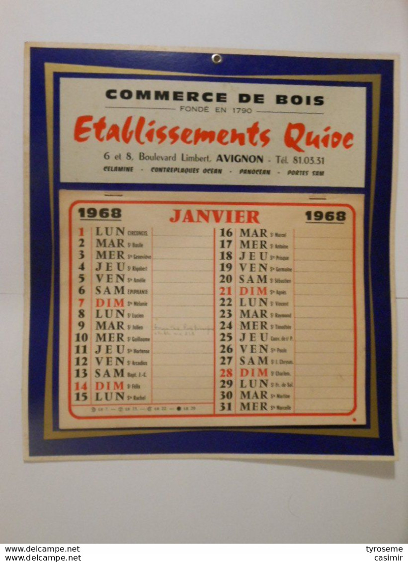 Cal01 - CALENDRIER 1968 ETS QUIOC - 6 Et 8 Bvd Limbert AVIGNON - COMMERCE DE BOIS - Grand Format : 1961-70