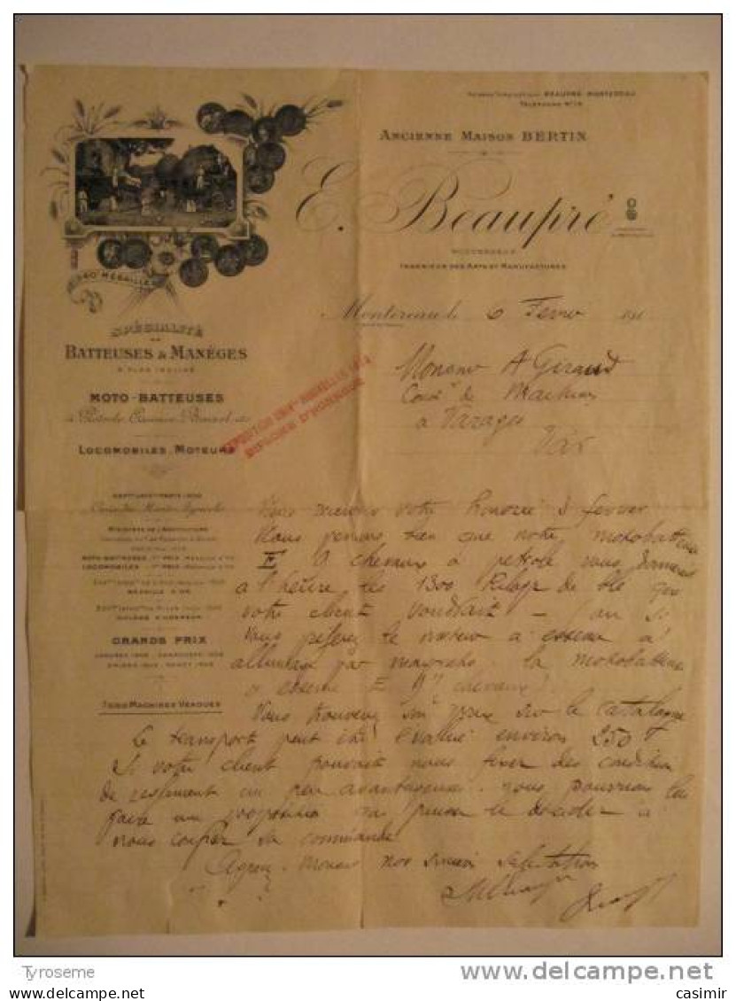 T583 / Facture Batteuses Manèges Locomobiles E. BEAUPRÉ à MONTEREAU Seine Et Marne - Ancienne Maison BERTIN - Other & Unclassified