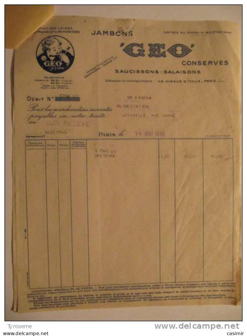 T602 / 2 Factures +traite +relevé 1930 Conserves Saucissons GEO FOUCAULT & SCHWEITZER 148 Avenue D'Italie à Paris XIII° - Factures