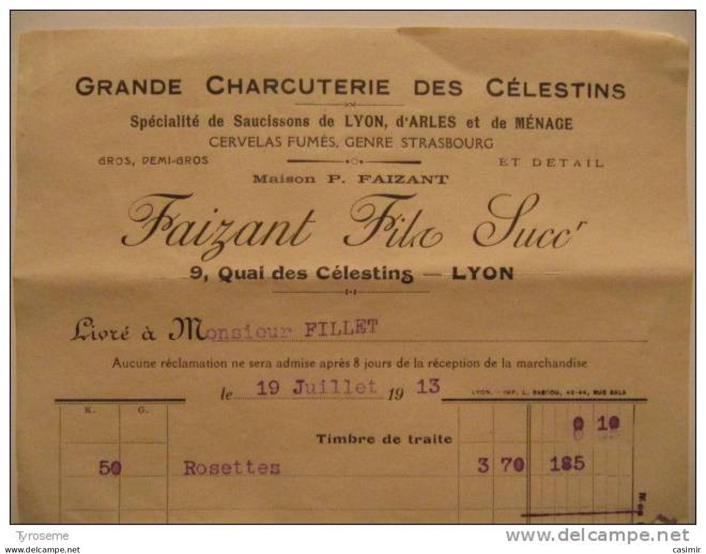 T573 / Facture 1913 GRANDE CHARCUTERIE DES CELESTINS - Saucissons Fumés - FAIZANT FILS 9 Quai Des Célestins à LYON - Facturen