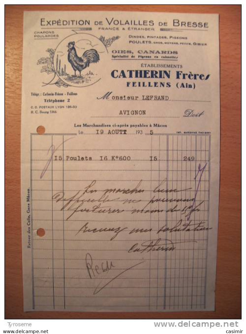 T562 / Facture 1935 VOLAILLES DE BRESSE OIES CANARDS - CATHERIN FRERES à FEILLEN - Ain - Facturas