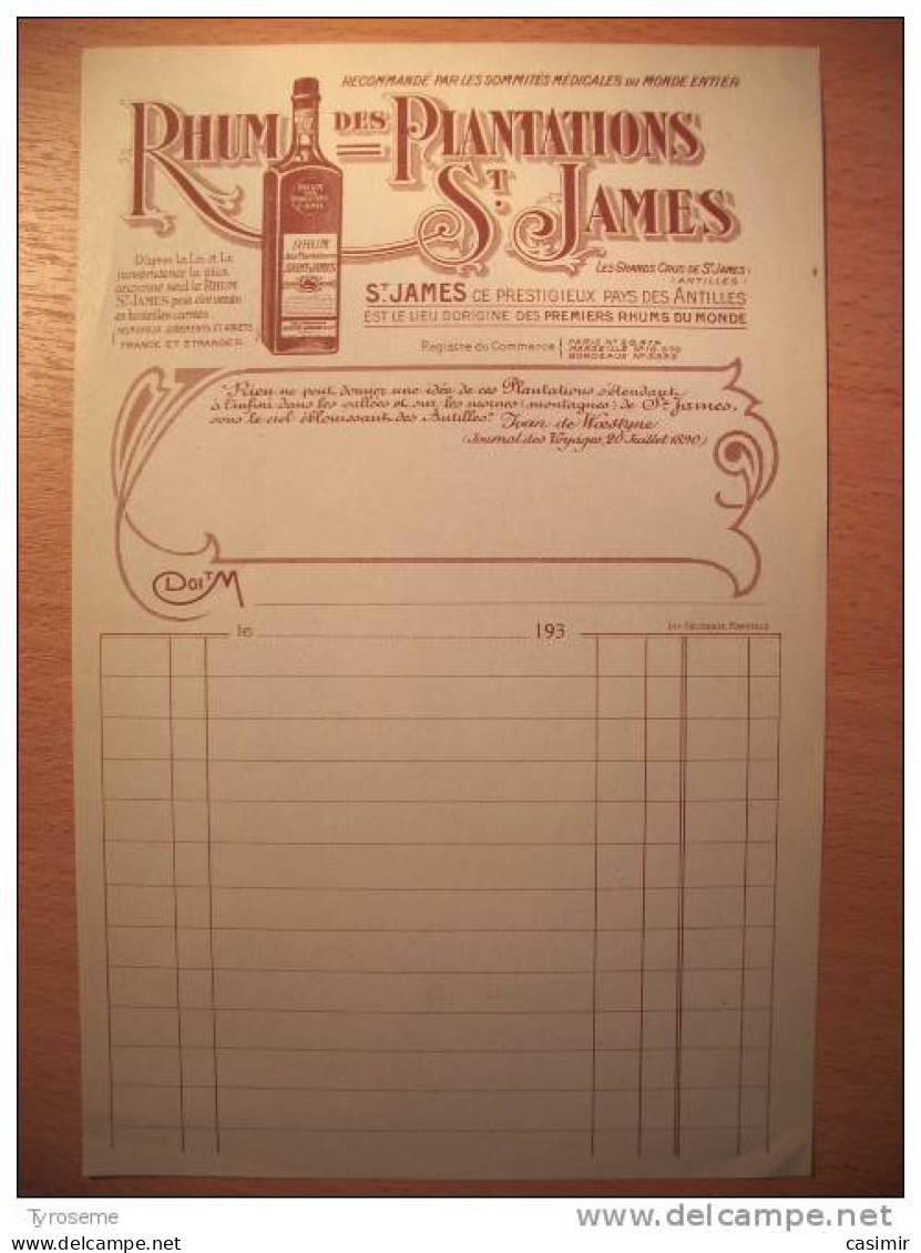 T560 / Facture Des Années 1930 RHUM DES PLANTATIONS ST-JAMES - Invoices