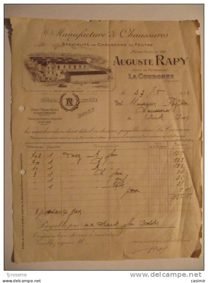T580 / Facture 1922 AUGUSTE RAPY A LA COURONNE CHARENTE - MANUFACTURE DE CHAUSSURES CHAUSSONS CHARENTAISES - PUYBRANDET - Factures
