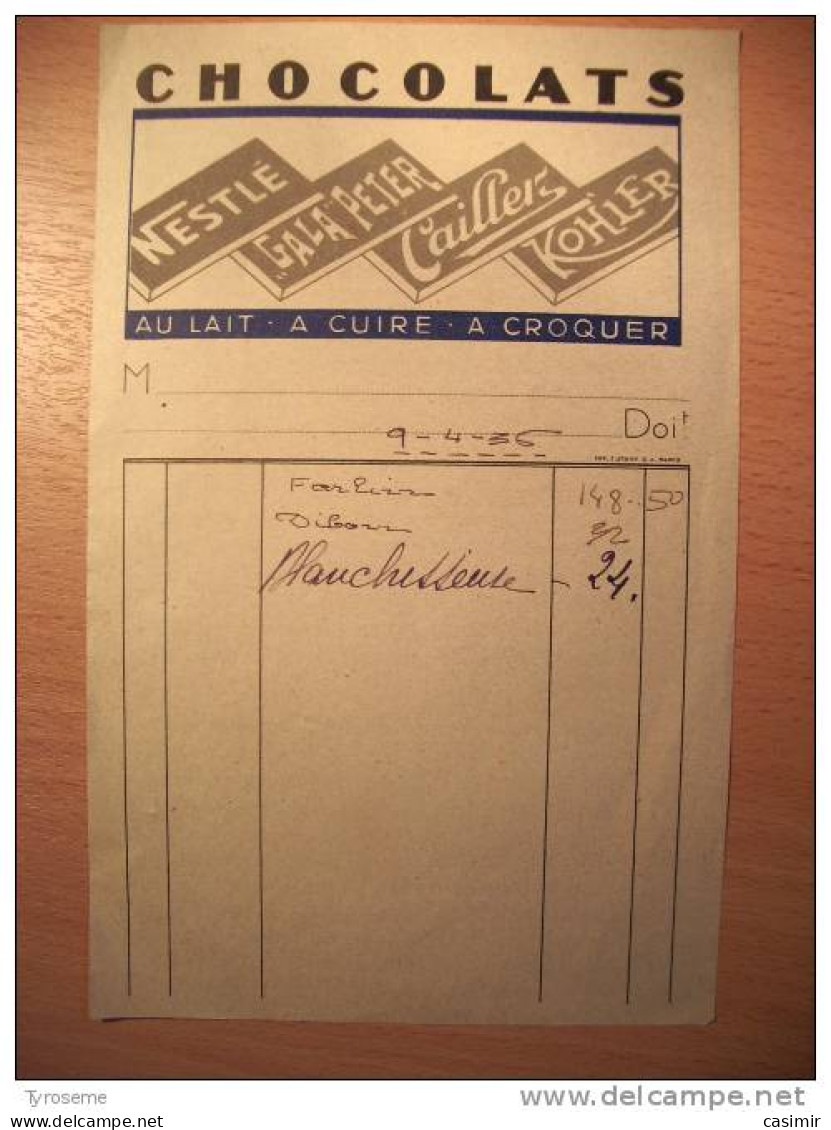 T563 / Facture 1936 CHOCOLATS NESLE GALA PETER CAILLER KOHLER - Invoices