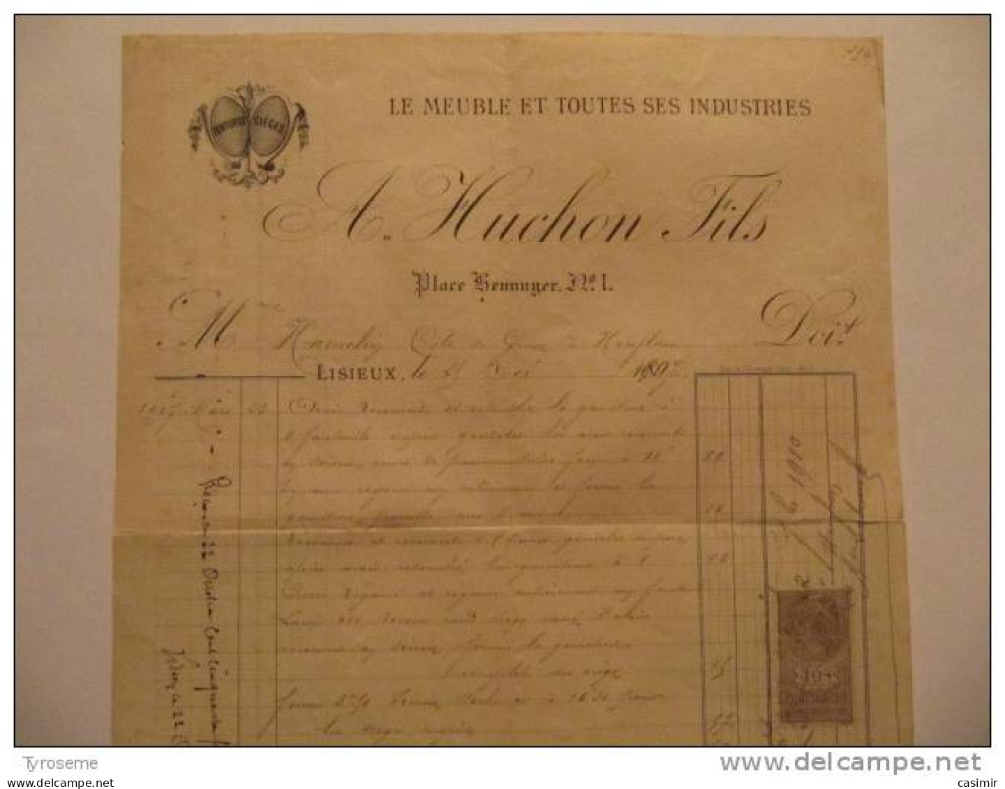 T584 / Facture 1907 Meubles A. HUCHON Fils - 1 Place Lhennuyer à LISIEUX - Calvados - Other & Unclassified